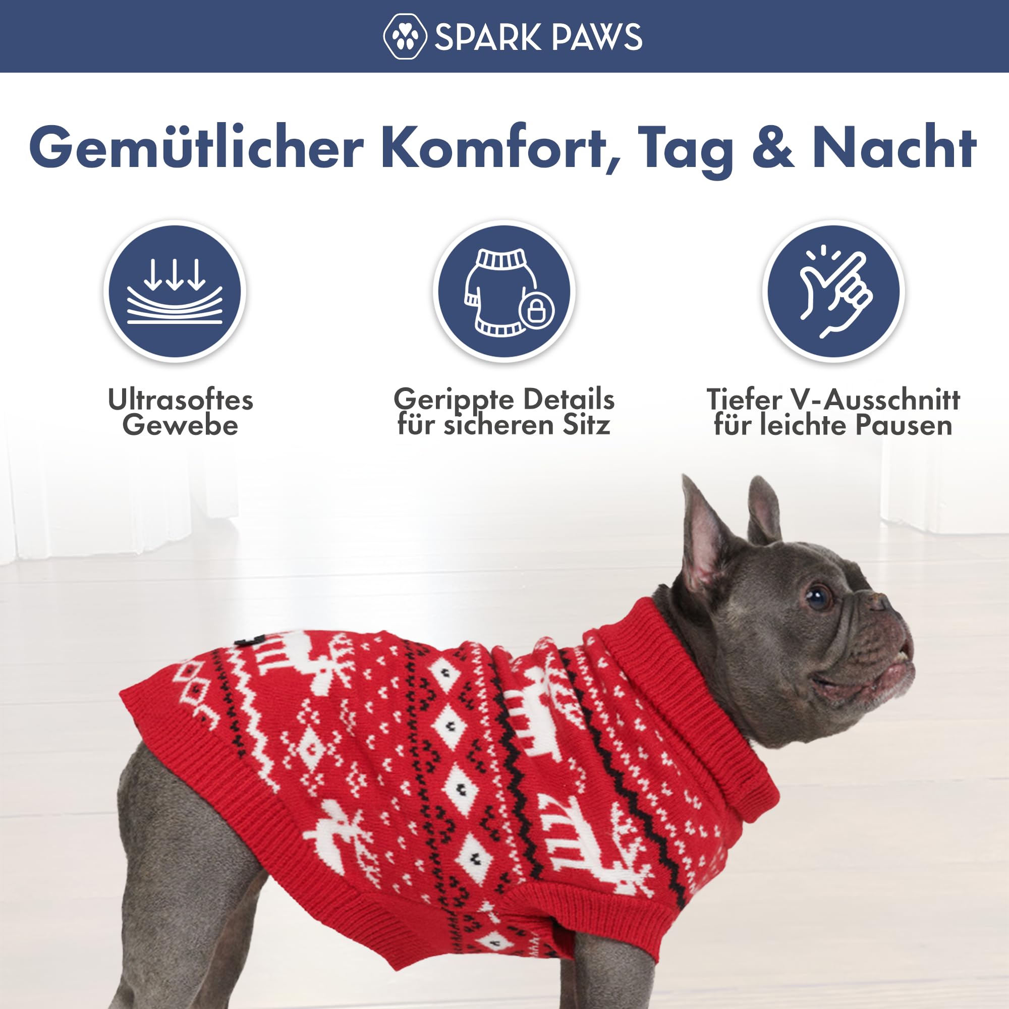 Spark Paws Weihnachts Hundepullover – Weicher Strickpullover für kleine, mittlere & große Hunde – Süßer, Warmer Hundepullover für French Bulldogs & große Hunde, (Dasher Red, M)