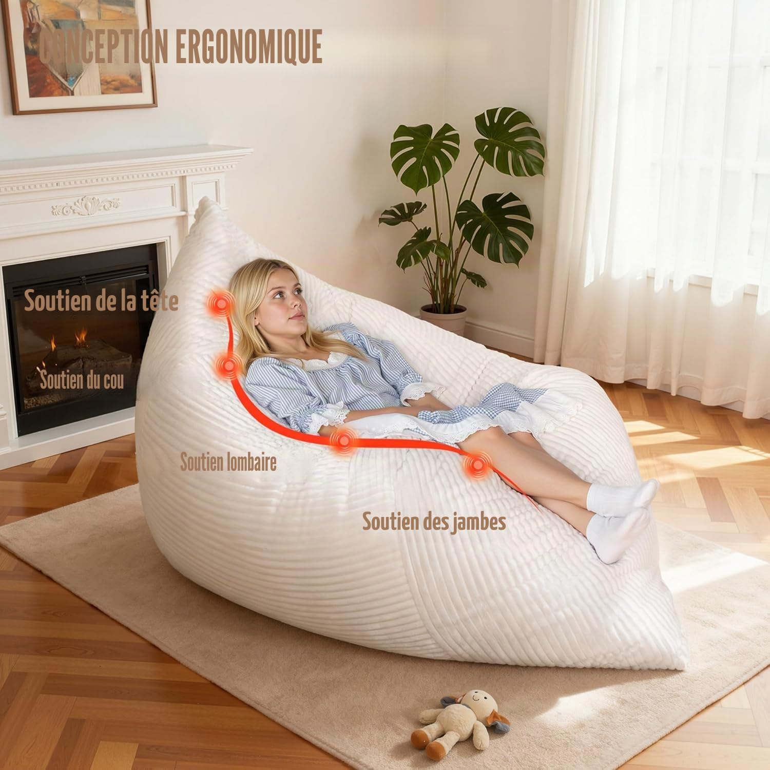 NALONE Pouf Salon XXXL, 4-en-1 Pouffe Géant Housse Lavable Canapé Rempli de Mousse Mémoire, 195 cm Fauteuil Pouf Housse en Flanelle Doudou Idéal pour Salon, Chambre (Blanc)