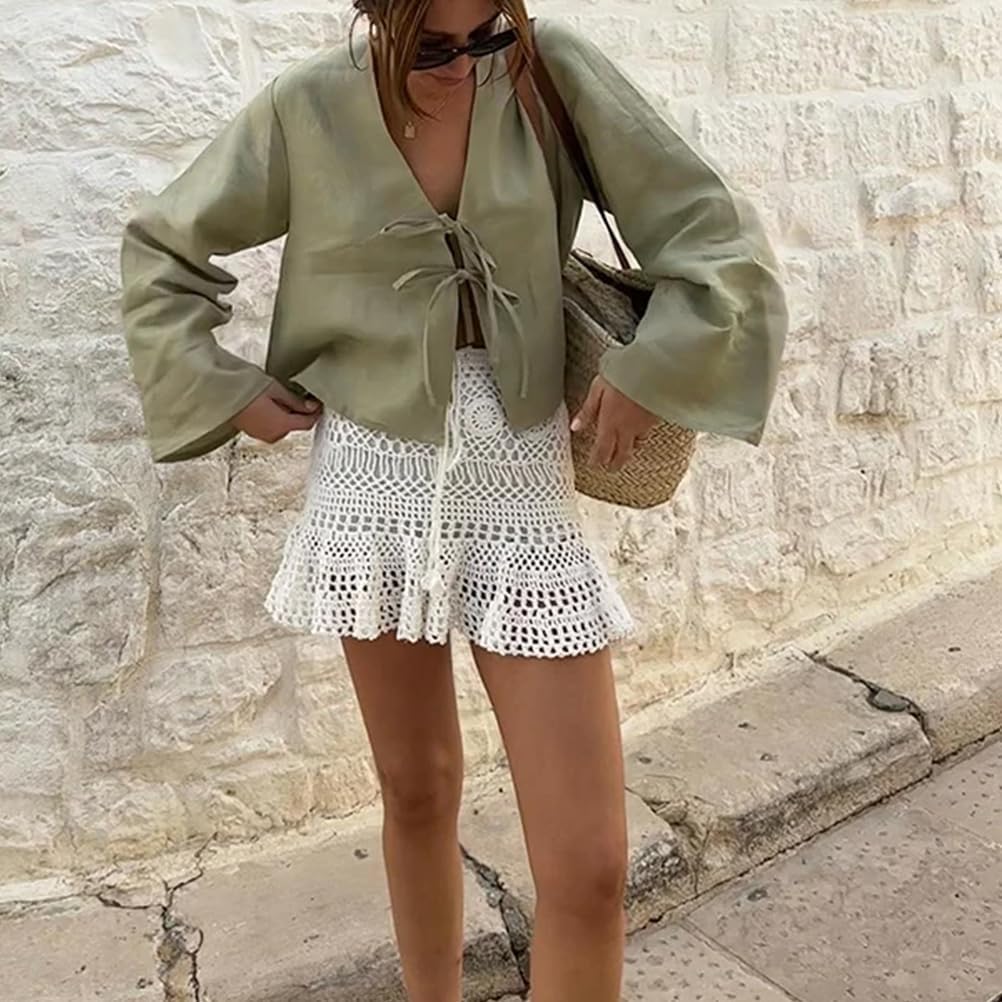 Bow Tie Front Tops for Women Casual Lace Up Bow Shirts Hollow Out V Neck Long Flare Sleeve Blouses Tops - Image 4