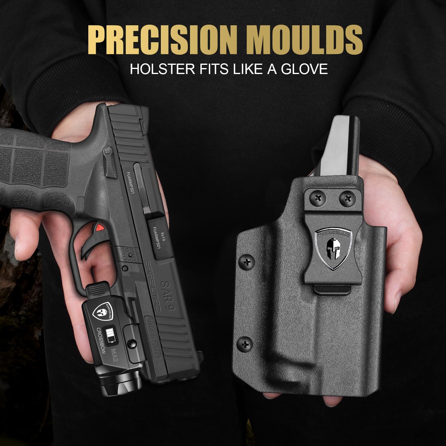 WARRIORLAND MA2 Pistol Light with Holster Fit for Sar9, 800-lumen LED Weapon Pistol Flashlight & Right-Hand IWB Holster, Rechargeable | Screen Power Indicator