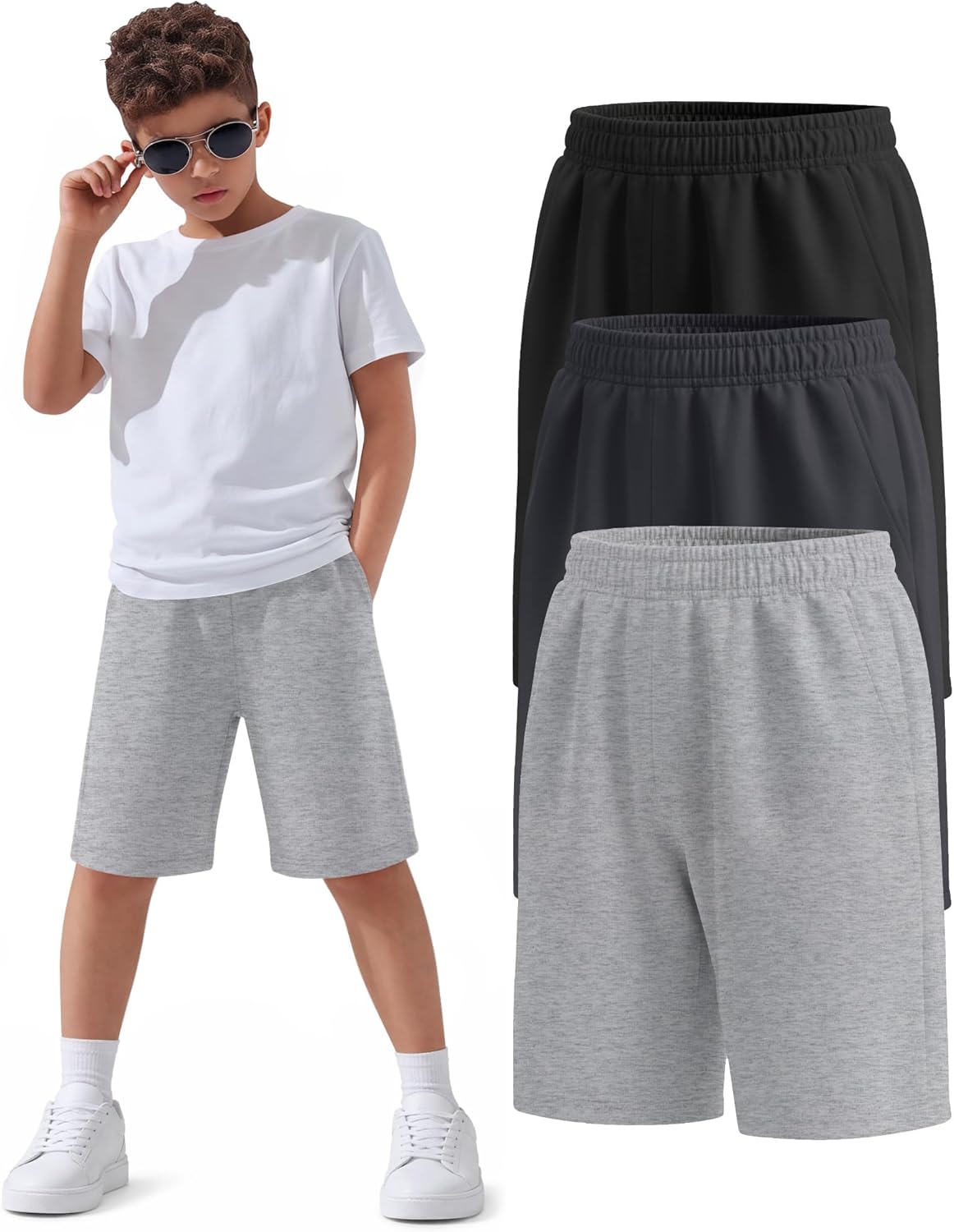 3 Pack Boys Shorts Bermuda Kids Athletic Pull On Youth Knee Length Summer Casual Sweat Shorts Pockets 5-16 Years