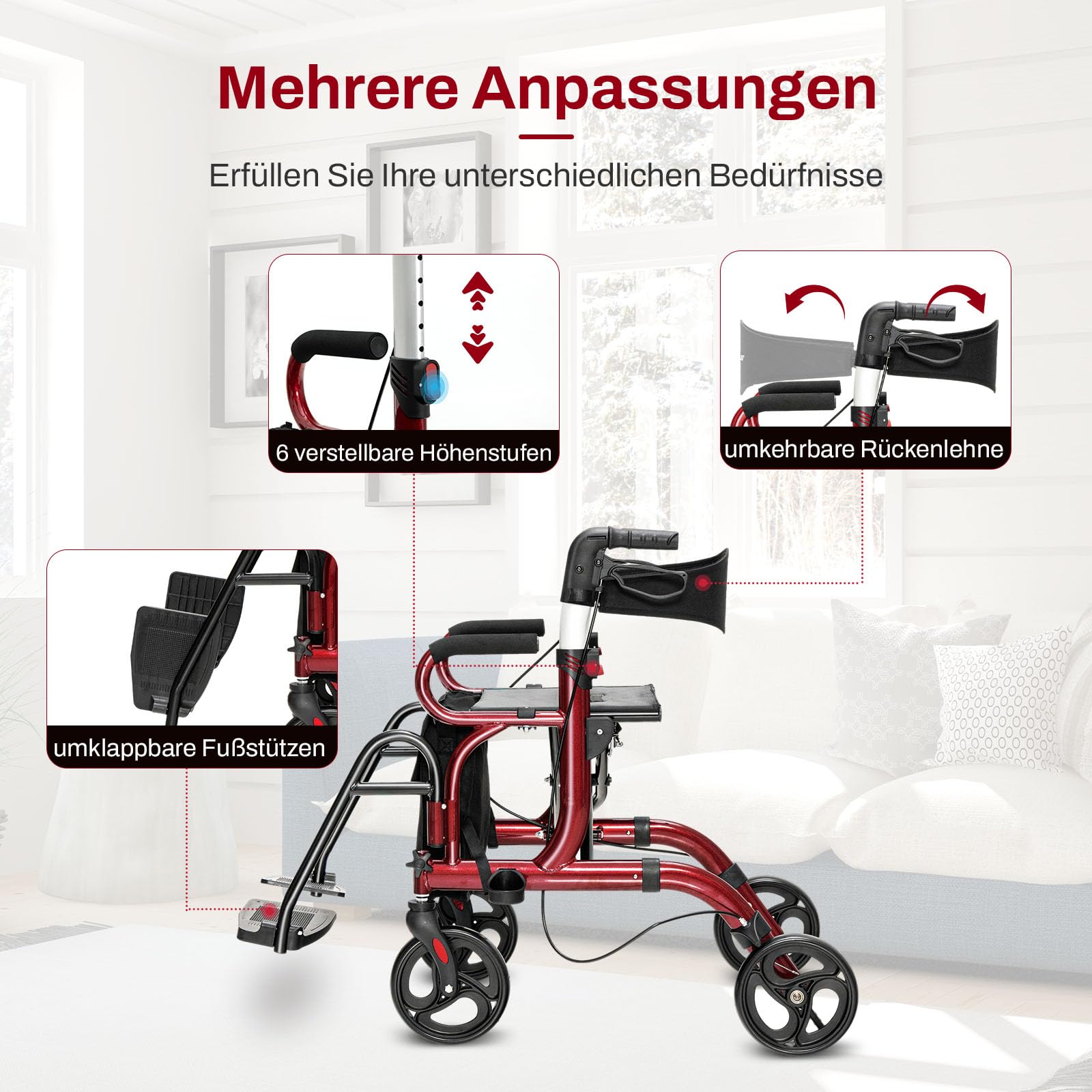 COSTWAY Rollator faltbar und leicht mit Sitz, 2 in 1 Rollstuhl & Reiserollator, Gehhilfe 6-fach höhenverstellbar, Gehwagen mit Tasche & Bremse & Stockhalter, Aluminium, klappbar für Senioren (Rot)