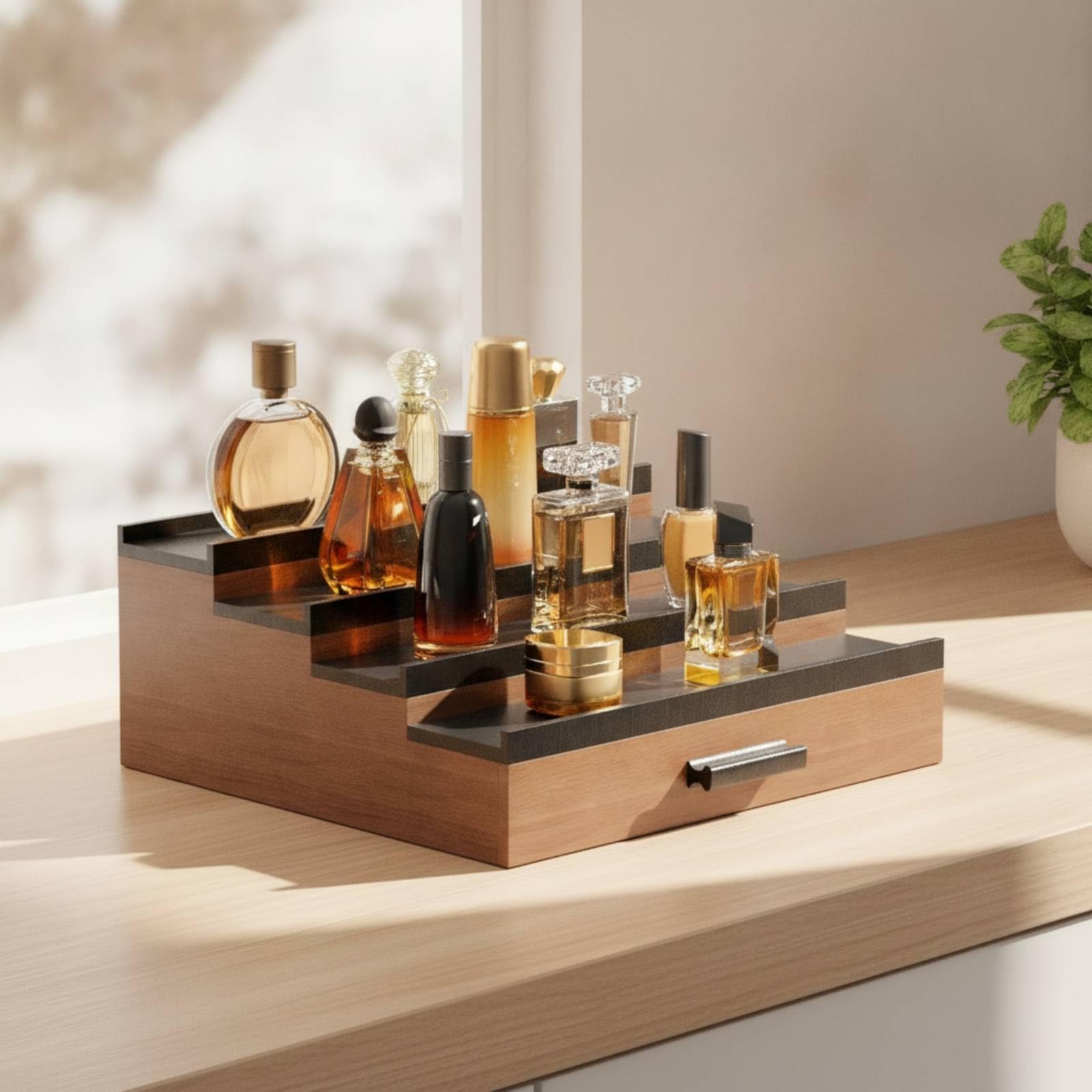 Présentoir en Bois avec Tiroir Robuste Rangement à Parfums avec Compartiment Caché Organisateur Maquillage pour Chambre, 32 29.2 14cm, Quatre Niveaux, Style Un