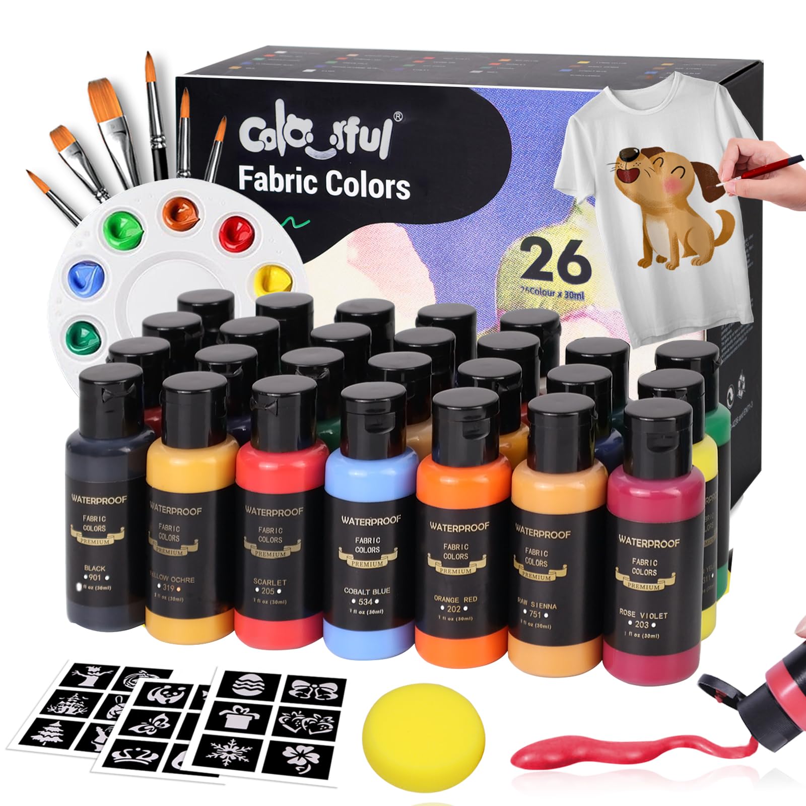Colorful Permanent Fabric Paint, 26 Colors Soft Fabric Paint in Bottles (30ml/1oz) with Brushes, Palette,Non-Toxic Textile Paint for Creative DIY Clothes, T-Shirts, Shoes Art and Crafts