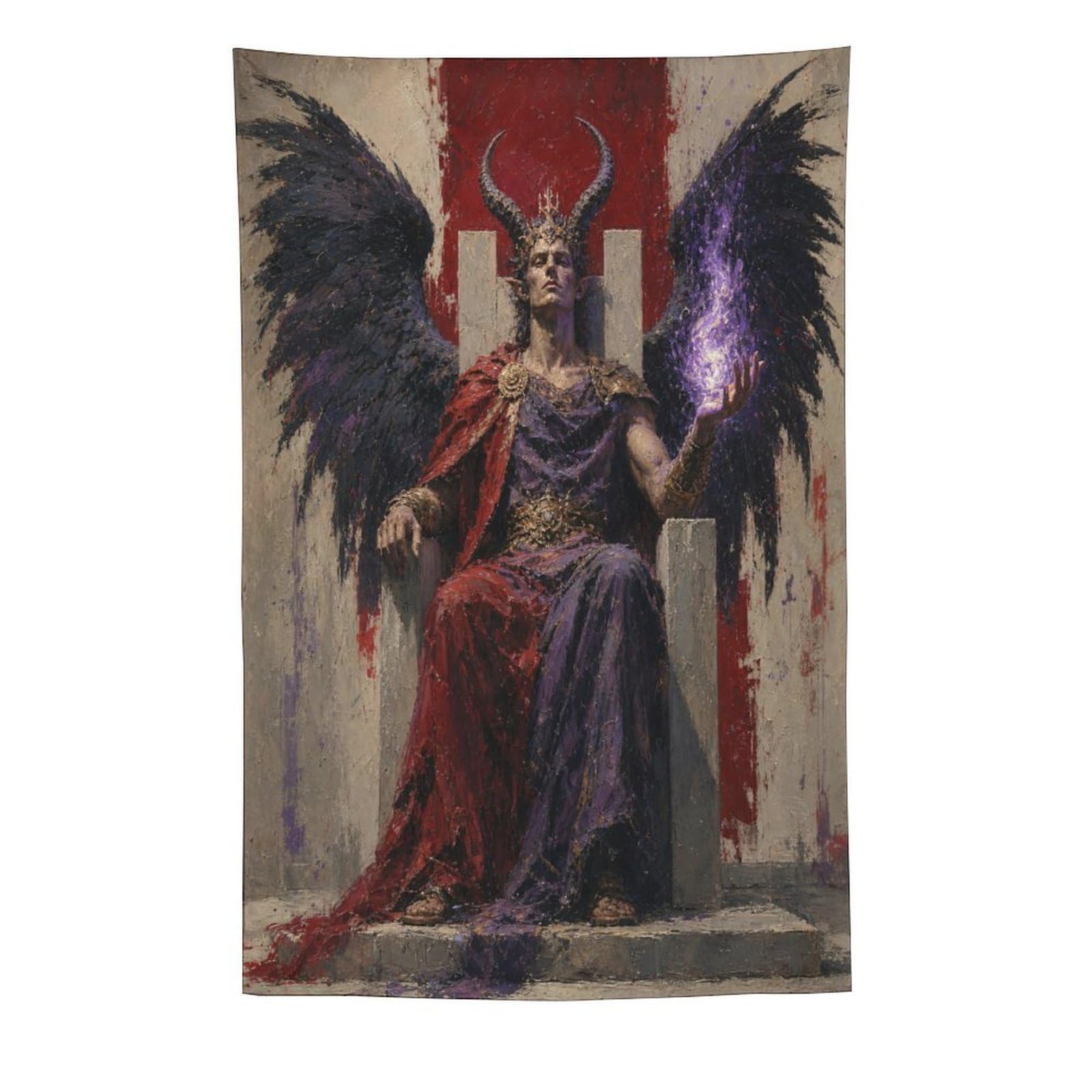 W7C8U2X3 Dark Winged King on Throne Wall Tapestry, Fantasy Illustration