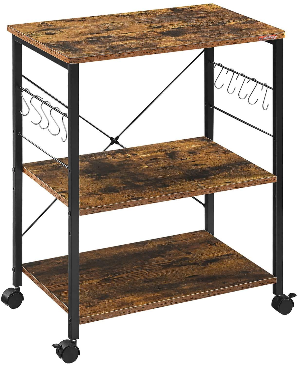 Vordern Kitchen Microwave Cart 3-Tier Kitchen Utility Cart Vintage Rolling Bakers Rack with 10 Hooks for Living Room Decoration (Vintage Board+ Black Metal Frame)