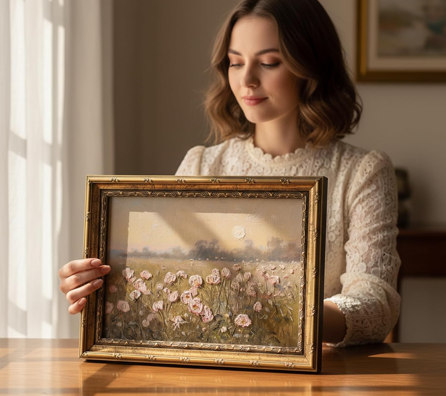 Gold Framed Vintage Pink Wildflower Canvas Wall Art, Spring Field Landscape Painting Picture Wall Decor, Farmhouse Flower Print Poster Artwork for Rustic Living Room Home Decoration 12x16in