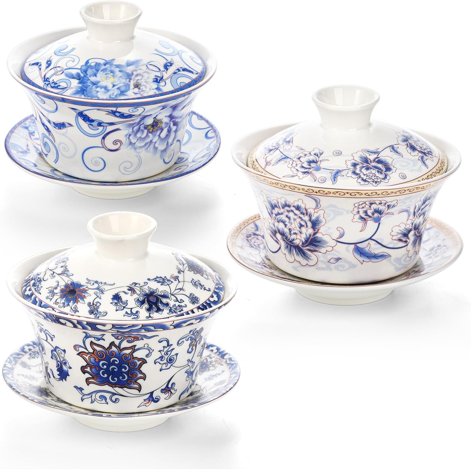 Cididu Set of 3 Chinese Tea Cups with Lid and Saucer, 10oz