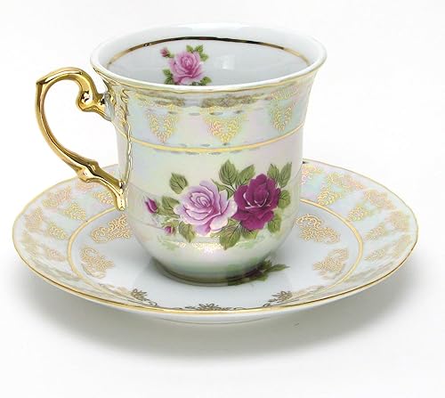 Miniatura 2 de Euro Porcelain - Juego de 12 tazas y platillos de café en miniatura "Roses" (4 onzas), patrón floral blanco nacarado con detalles chapados en oro de