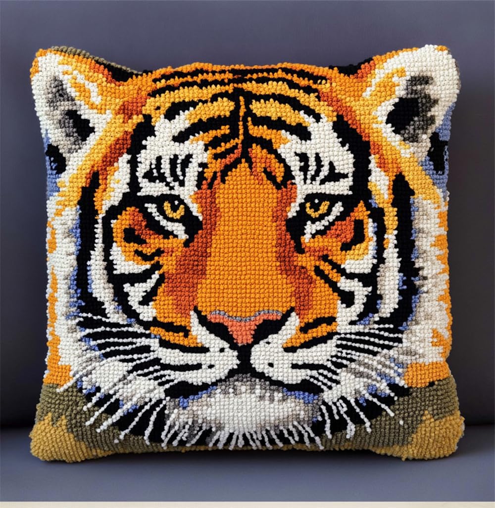 ORLUMY Latch Hook Kits Tiger Latch Hook Cushion Kits DIY Cross Stitch Sofa Cushion Cover with Latch Hook Tool Fit for Teenager and Adults Latch Hook Cushion Cover Kit 17X17 Inch