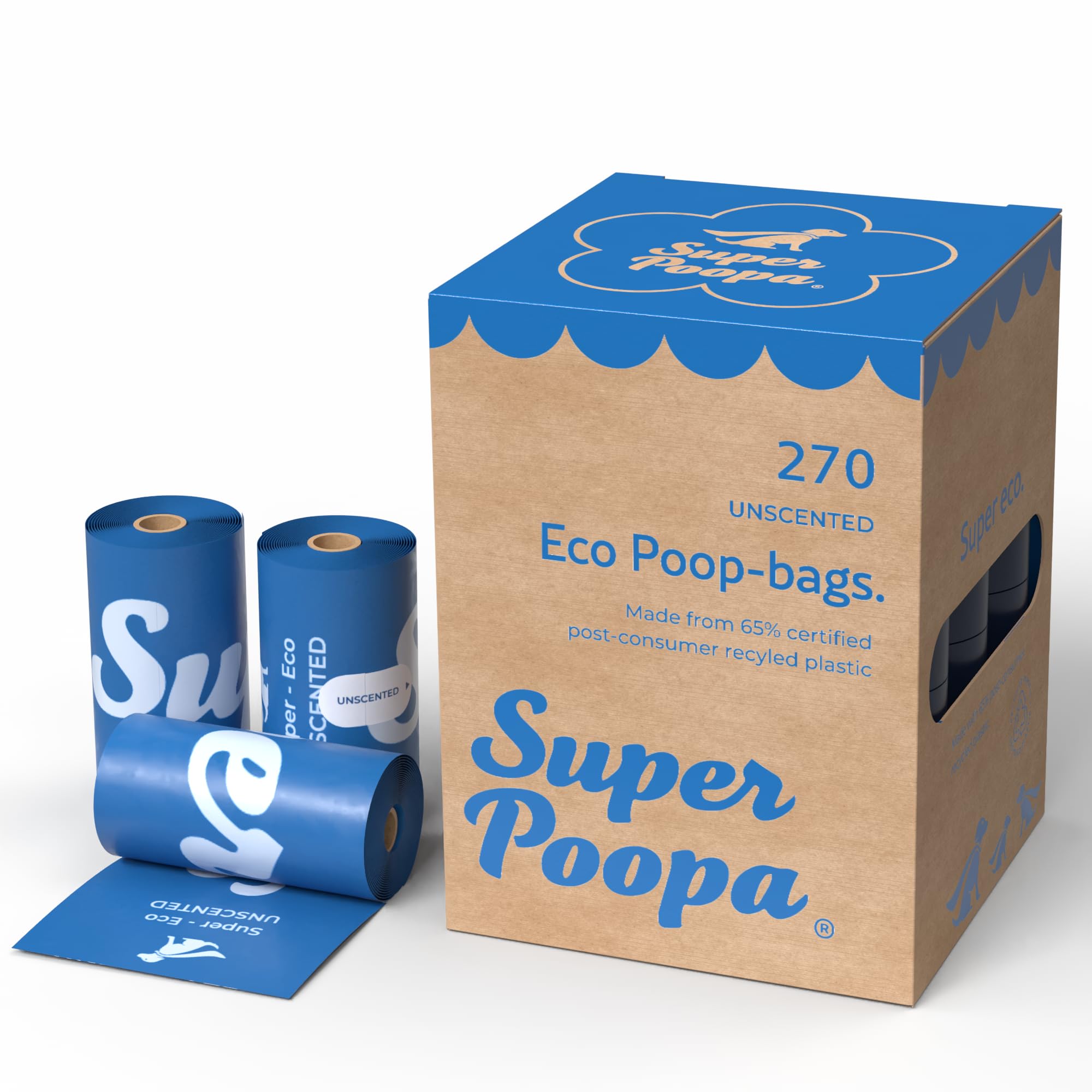 Super Poopa Dog Poop Bag Rolls – 270 Biodegradable Waste Sacks, Extra-Thick Poo Bags, Strong Doggy Refills, Large Unscented Pick-Up Bags For Walks