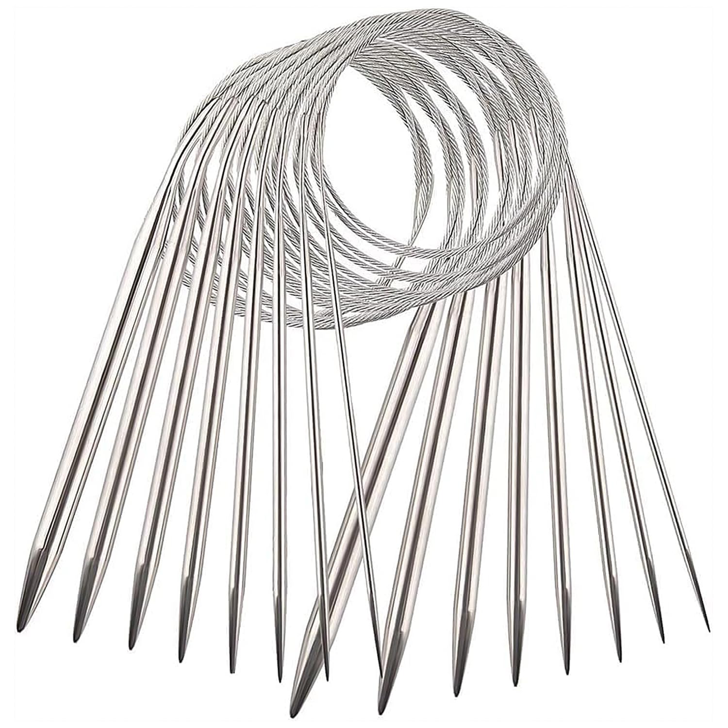 YXHZVON 8-delige roestvrijstalen rondbreinaaldenset, 60 cm, ergonomische dubbelpuntige rondbreinaald voor sokken, mouwen, onderzetters (2 mm/2,5 mm/3 mm/4 mm/5 mm/6 mm/7 mm/8 mm