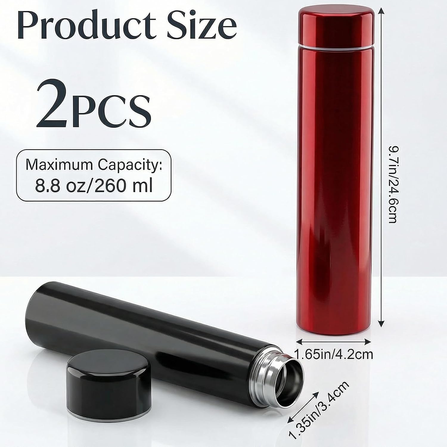 2 Pack Insulated Water Bottle, 8.8 oz Slim Stainless Steel Small Water Bottles, Leak Proof Travel Coffee Bottle Drink Bottle for Camping, Backpack, Car, Hot and Cold (Black & Red)
