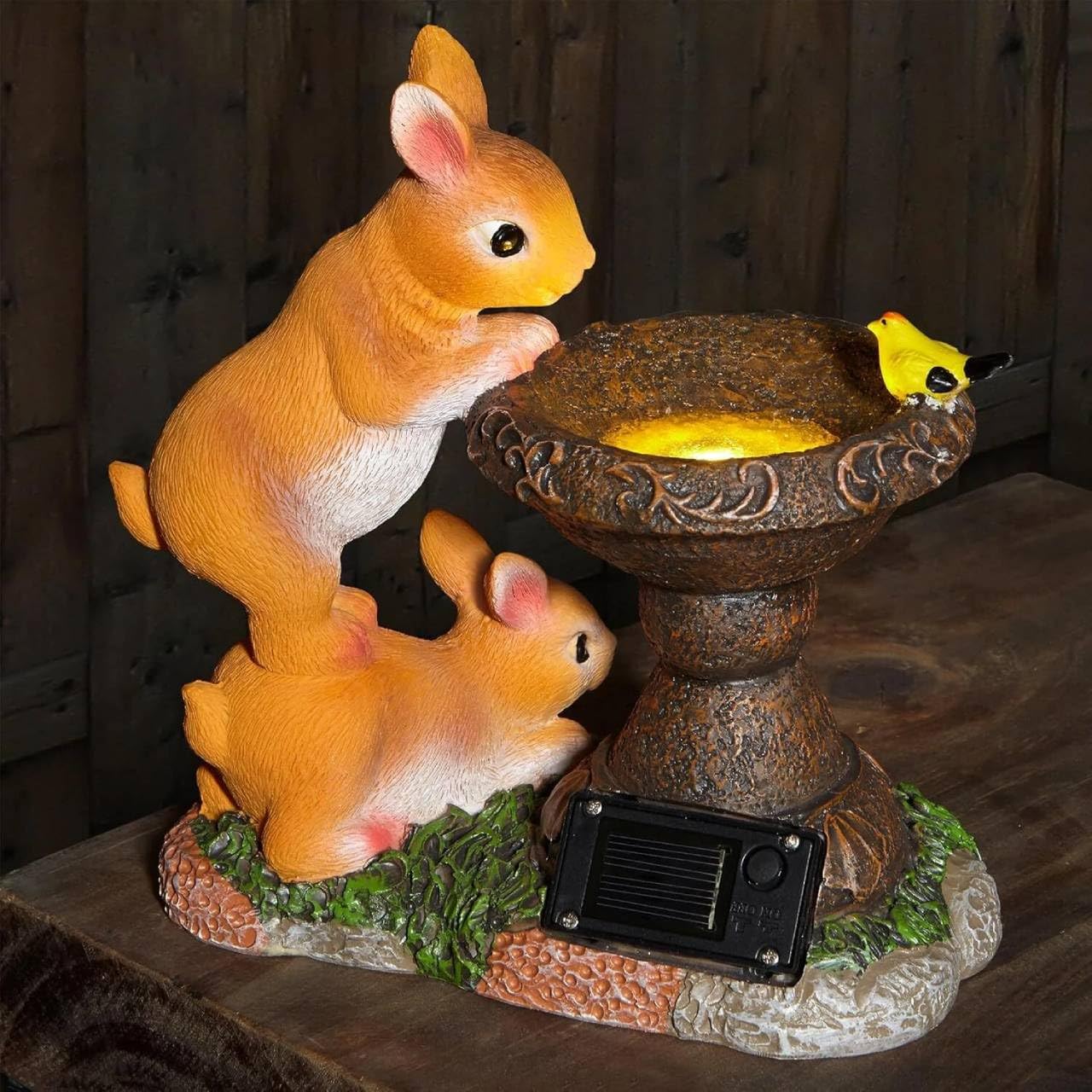 Solar Rabbit Bird Bath Garden Ornament – Rabbit Birds Bath Statue, Waterproof Resin Bunny Statue with Solar Light – Two Rabbits Playing with Bird Bath – Outdoor Garden, Patio, Lawn & Yard Decoration