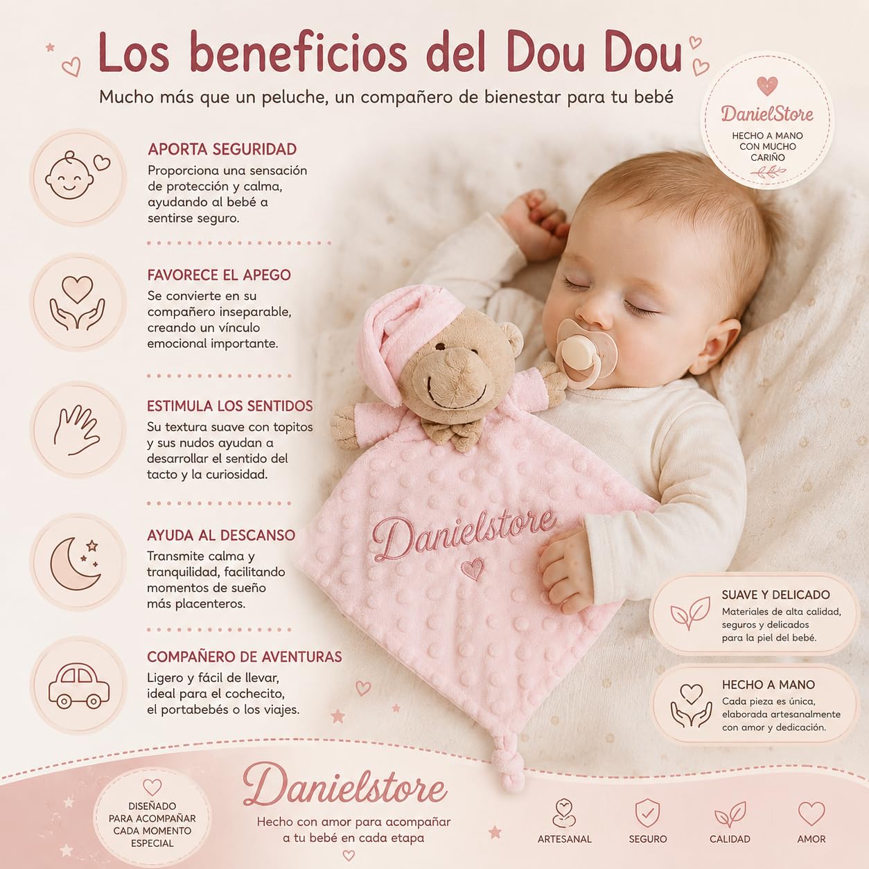 Danielstore Doudou Bebé Personalizado con Nombre Bordado, Mantita de Apego Suave Tacto Terciopelo 28x17 cm, Regalo Recién Nacido, Baby Shower, Bautizo (Osito)