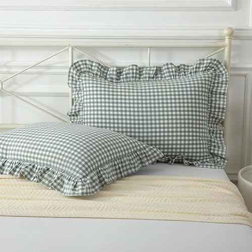 Miniatura 10 de Mywinlle Juego de 2 fundas de almohada con volantes, fundas de almohada de algodón lavado, 20 x 26 pulgadas