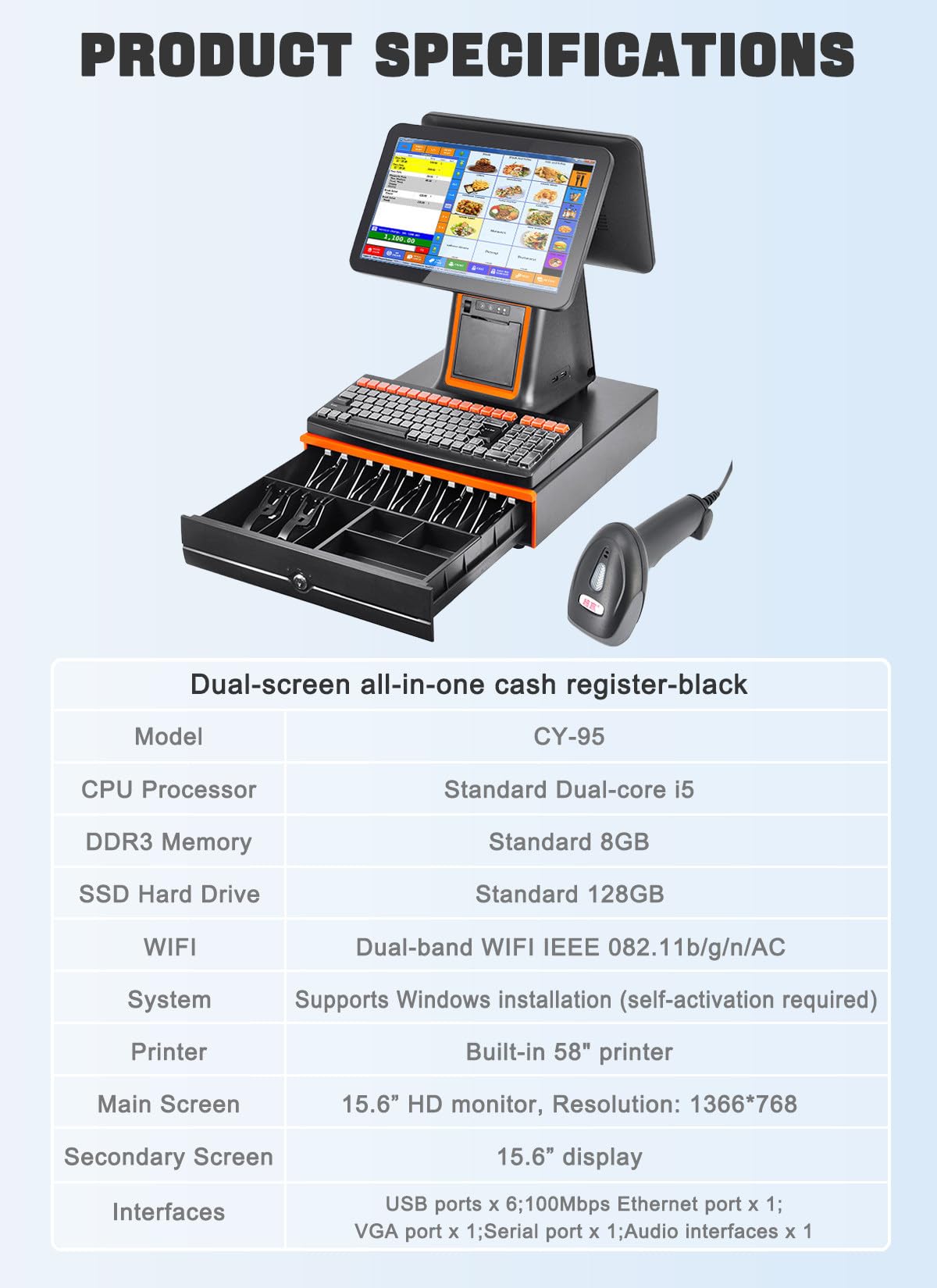 Caja registradora inteligente todo en uno con pantalla táctil LCD de 15.6 pulgadas e impresora de recibos integrada, compatible con 30 idiomas, para comercios, restaurantes y sistemas TPV black-B