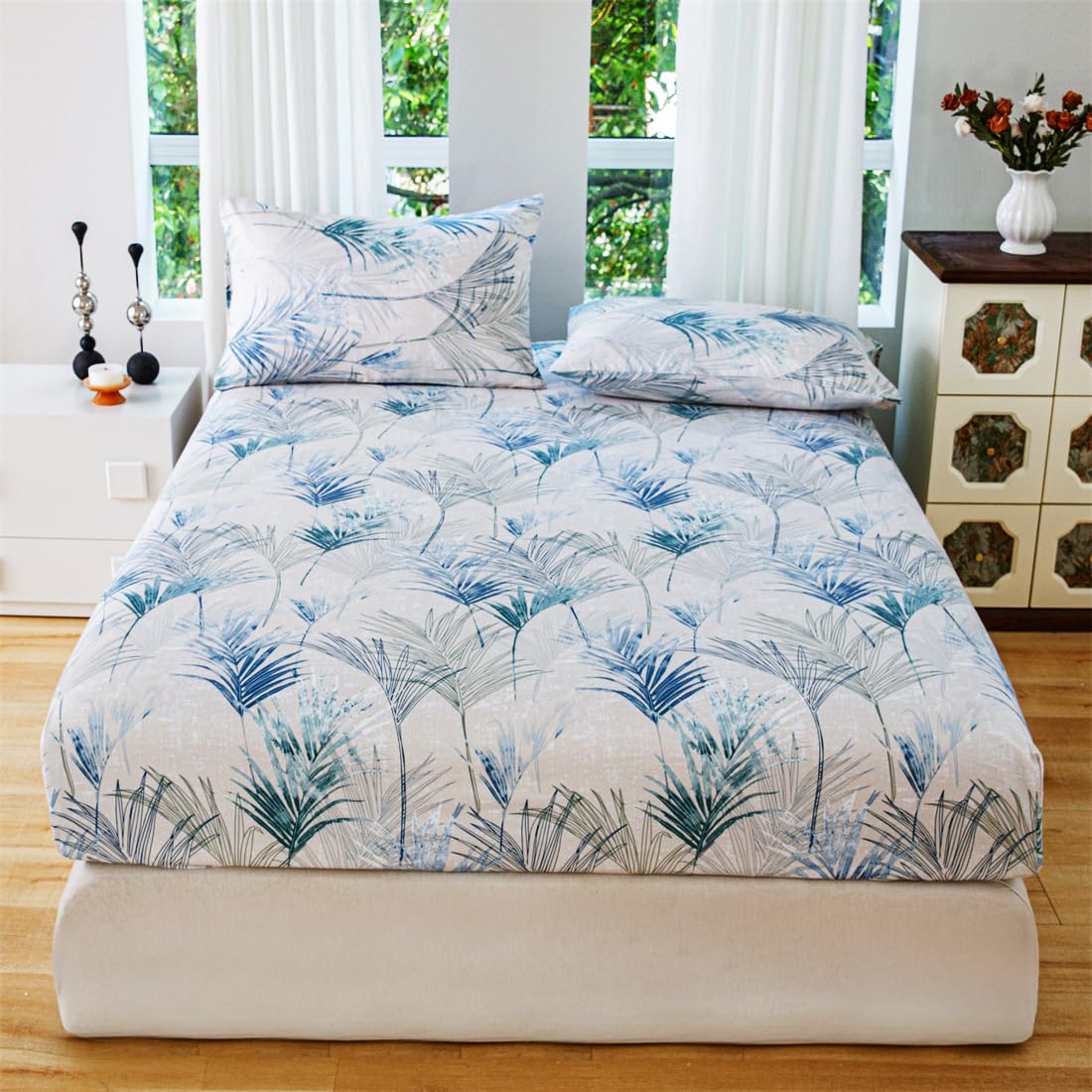 Hixingo Fitted Sheet Queen Twin King Deep Pocket Full Size Floral Print Bed Sheets Pillowcases 3 Piece Set