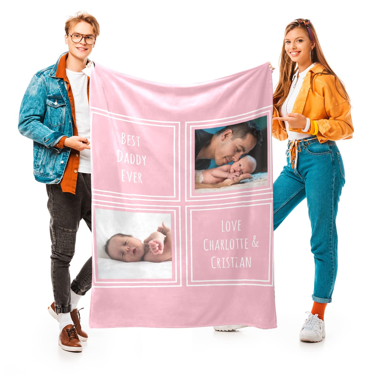 Baby Girl Gifts Personalized Baby Blanket with 2 Pictures Custom Baby Blankets Customized Receiving Blanket for Girls, 15 Colors Available, 30