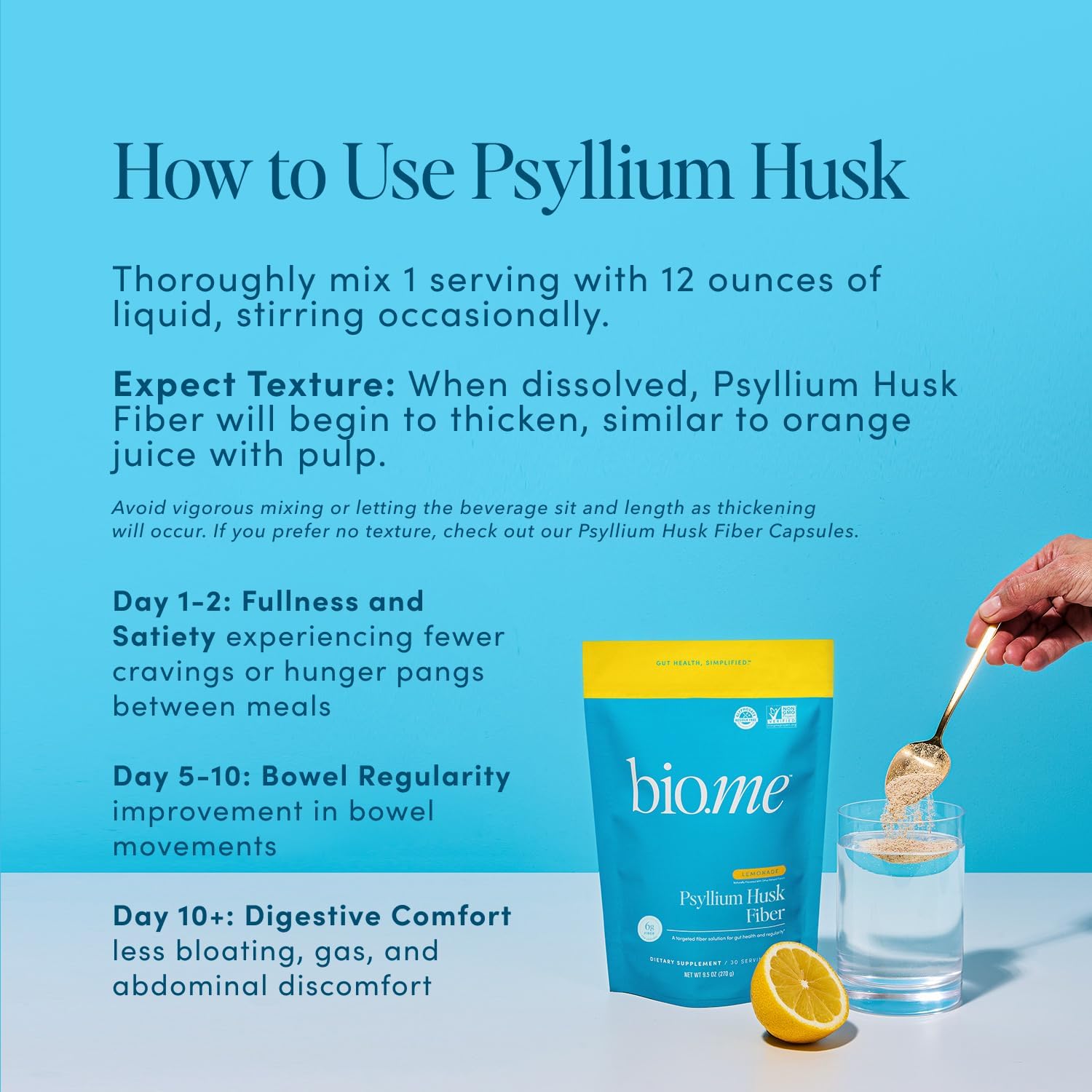 Psyllium Husk Fiber Powder (6g Per Serving) for Digestive Health & Bloating Relief, Sugar Free Lemonade Prebiotic Insoluble & Soluble Fiber Powder, Non-GMO Supplement, Gluten Free - 30 Servings - Image 5