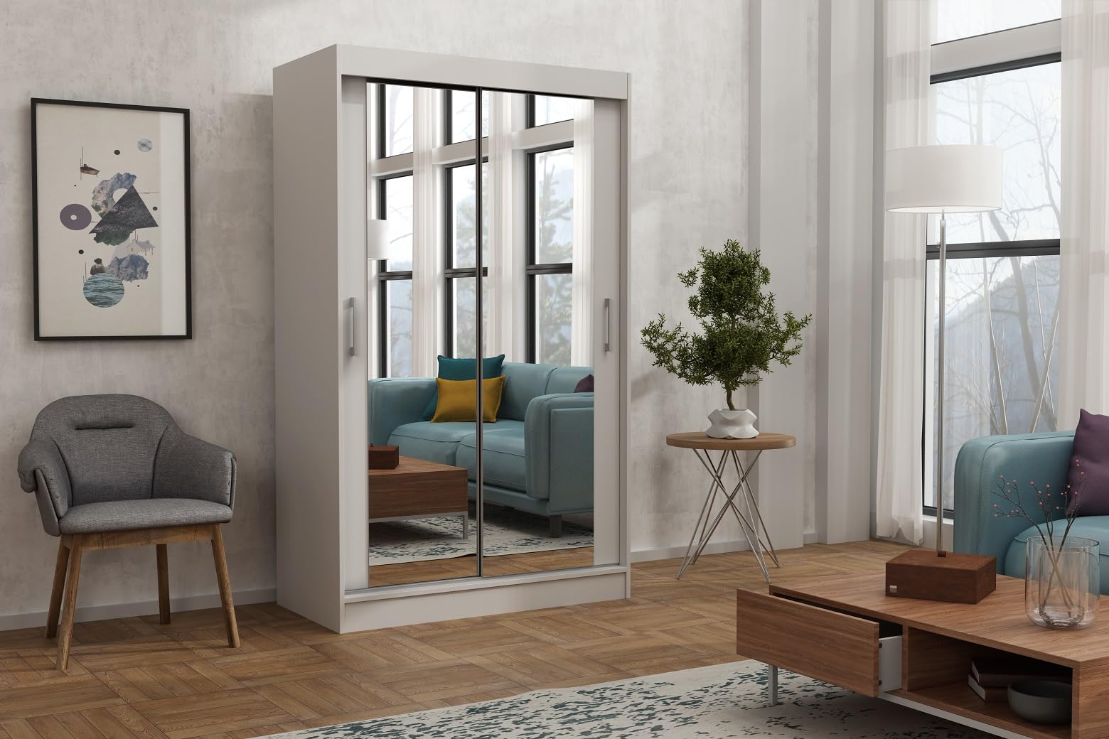 Brent - Kleiderschrank mit Schiebetüren Windsor David I 100x200x60 cm I mit Spiegel, Stangen und Einlegeböden für Kleidung I Laminierte Spanplatte I Aluminiumschienen I Weiß