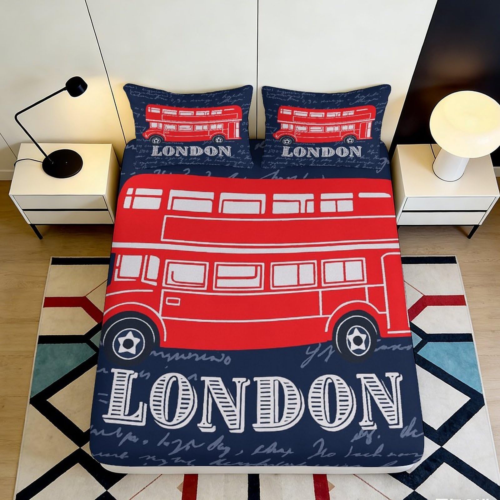 3D Printed London Bus Fitted Sheet Microfiber Non-Slip Deep Pocket London Bus Mattress Fitted Cover Bedroom Bedding 140x200x25cm
