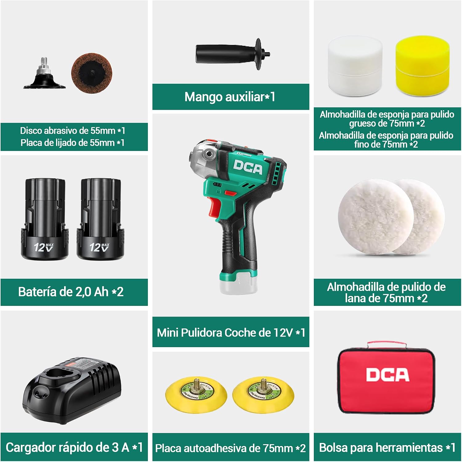 DCA 12V Mini Cordless Polisher and Sander Package Contents