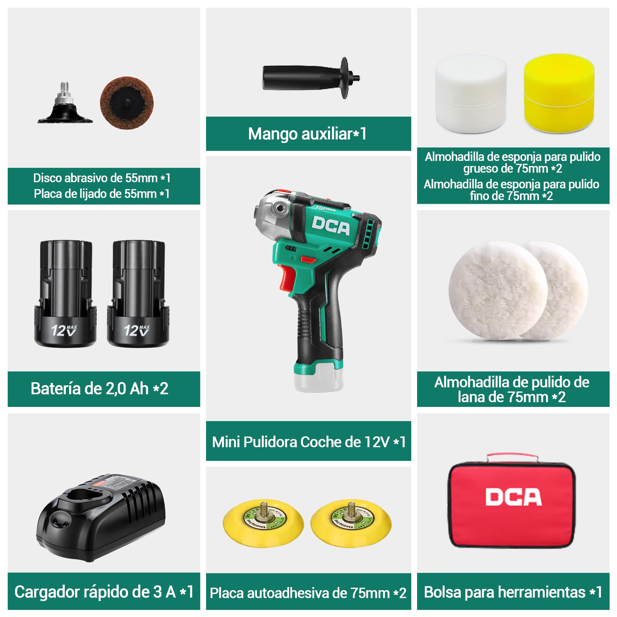 DCA Mini Pulidora Coche 12V, 75MM Pulidora Bateria y 50mm Lijadora, Pulidora Orbital, Máquina de Pulir sin Escobillas, 2 Baterías de 2,0Ah, 2 Velocidades 2800-8300 RPM para Pulir, Encerar y Limpiar