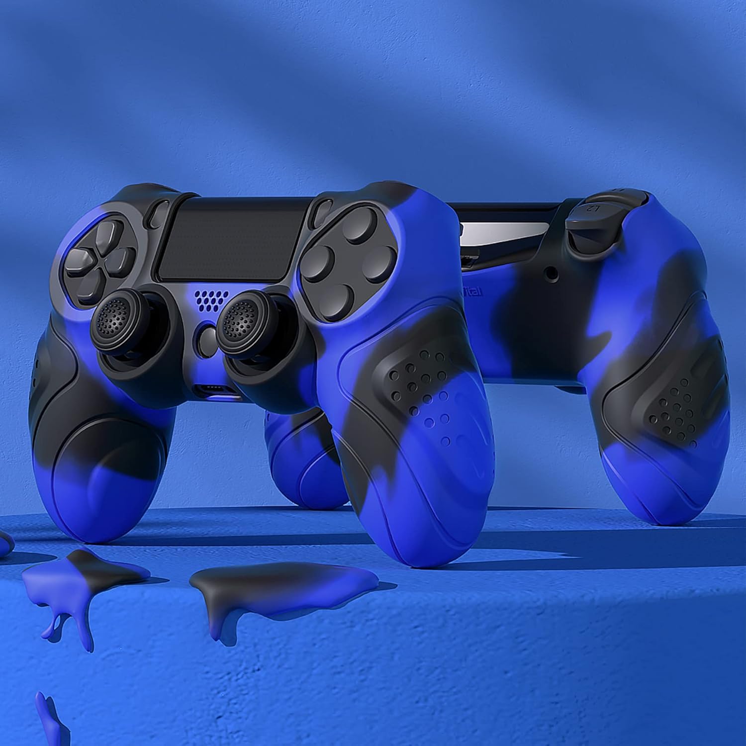 PlayVital Guardian Edition Blue & Black Ergonomic Soft Anti-Slip Controller Silicone Case Cover for ps4, Rubber Protector Skin with Joystick Caps for ps4 Slim/Pro Controller - Image 3
