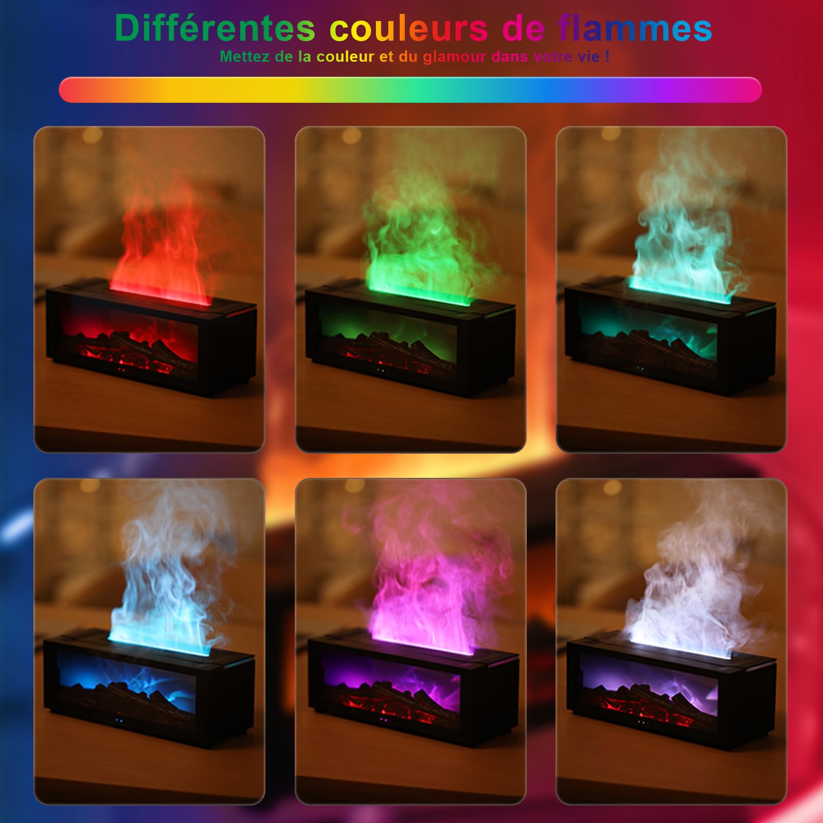 Diffuseur d'Huiles Essentielles 7 Couleurs avec Effet Flamme Dynamique, Humidificateur d'air 150ml USB, 4 Minuteries + Télécommande, Diffuseur Cheminée LED pour Bureau/Chambre