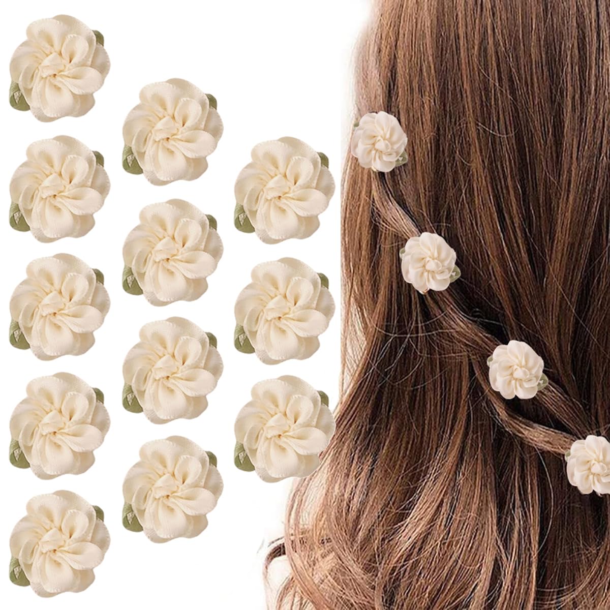 12PCS Beige Mini Rose Hair Clips Jasmine Barrettes Headpiece Hairpins for Women Wedding Bridal Flower Accessories
