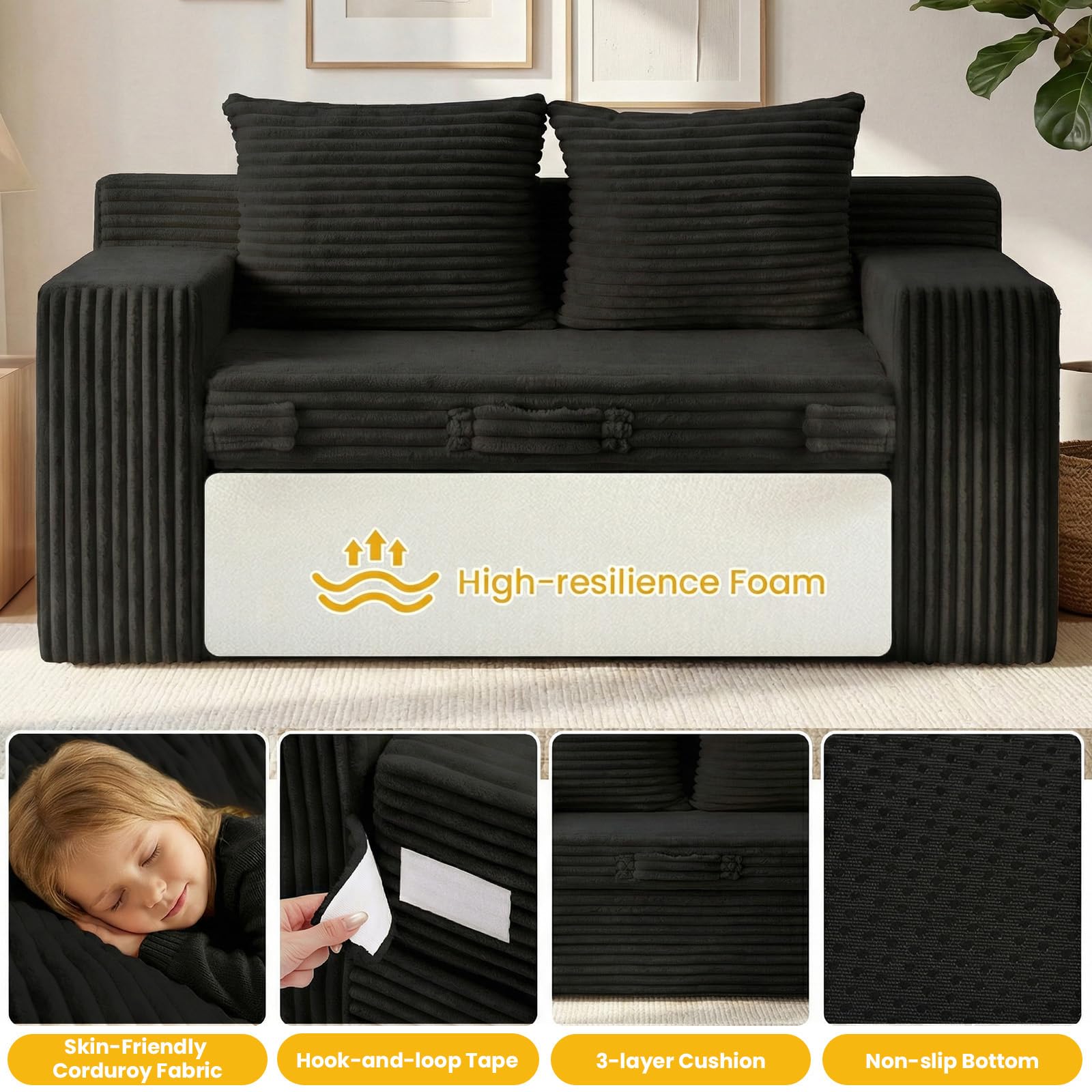 Boneless Couch,Boneless Loveseat Sleeper Sofa Bed – 3-in-1 Convertible Couch Bed with Side Pockets & Handle,Pull Out Corduroy Futon for Small Space,Living Room & Bedroom,2 Pillows Included,No Assembly