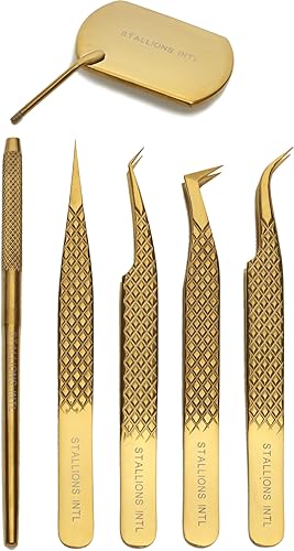 STALLIONS - Pinzas de extensión de pestañas de acero inoxidable con punta de agarre de diamante, volumen clásico, profesional, con aislamiento de
