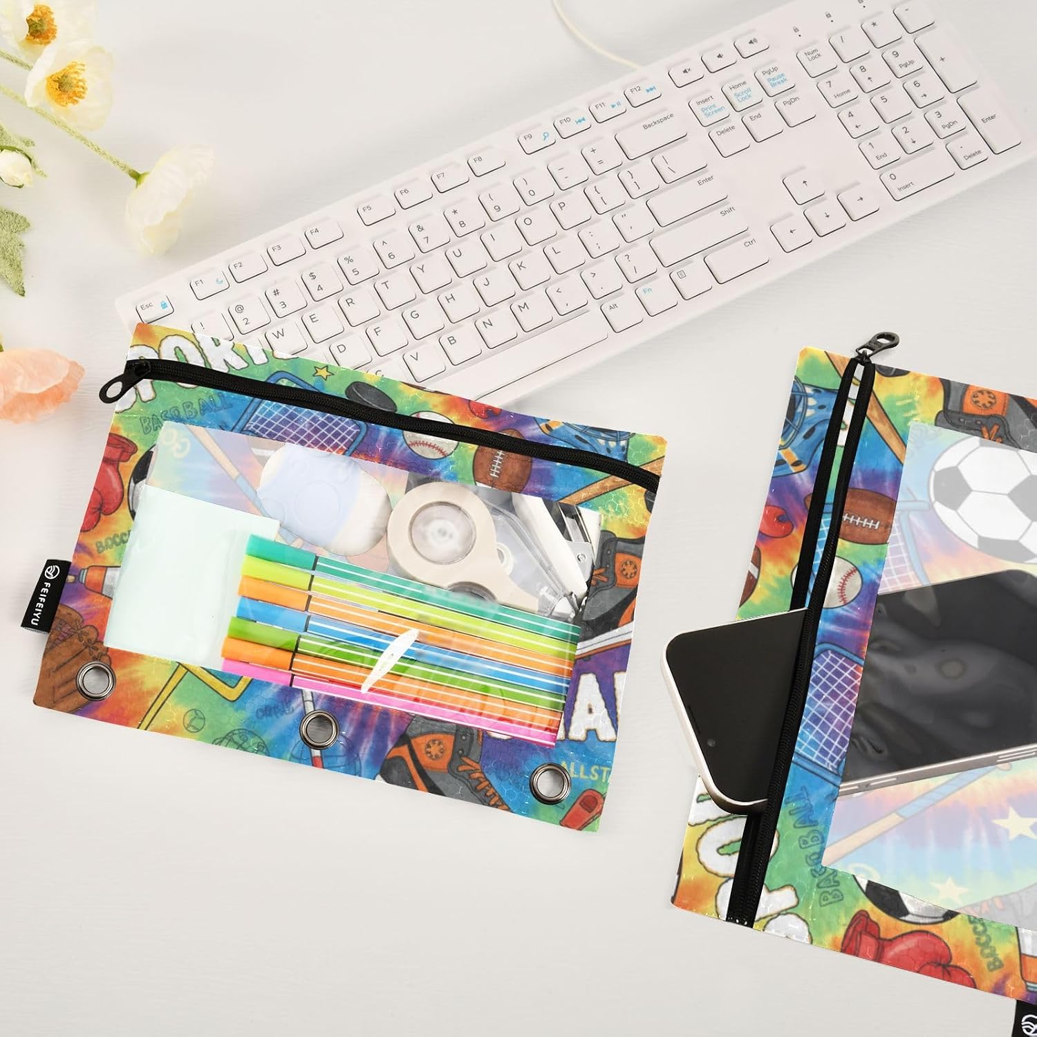 Rainbow Sports Pencil Pouch for 3 Ring Red Orange Binder Pouches for Office Pen Case with Clear Window Zipper Cosmetic Bags Cartoon Baseball Supplies 2PCS image 4