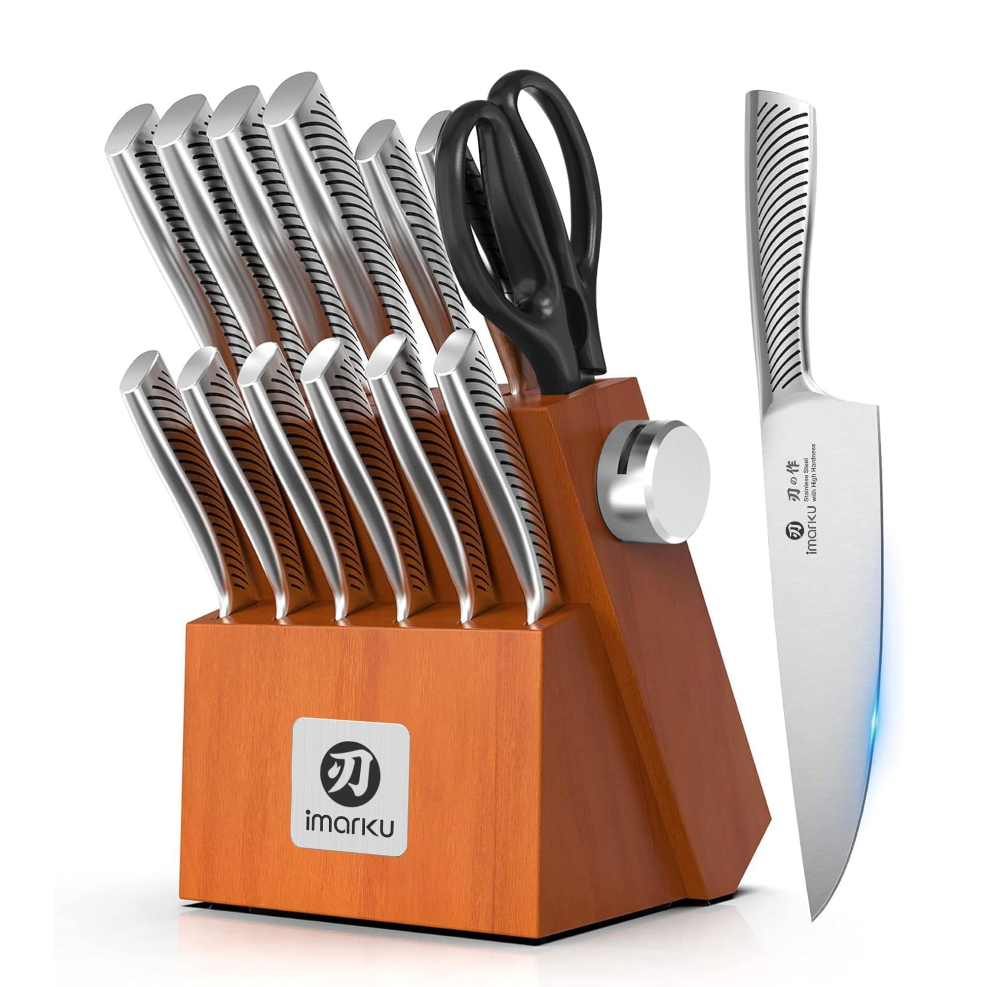 imarku Set Coltelli da Cucina Professionali, 14 Pezzi Coltelli Giapponesi in Acciaio Inossidabile Forgiato, Con Ceppo Coltelli in Legno e Affilatore, Impugnatura Antiscivolo per Cucina Masterchef