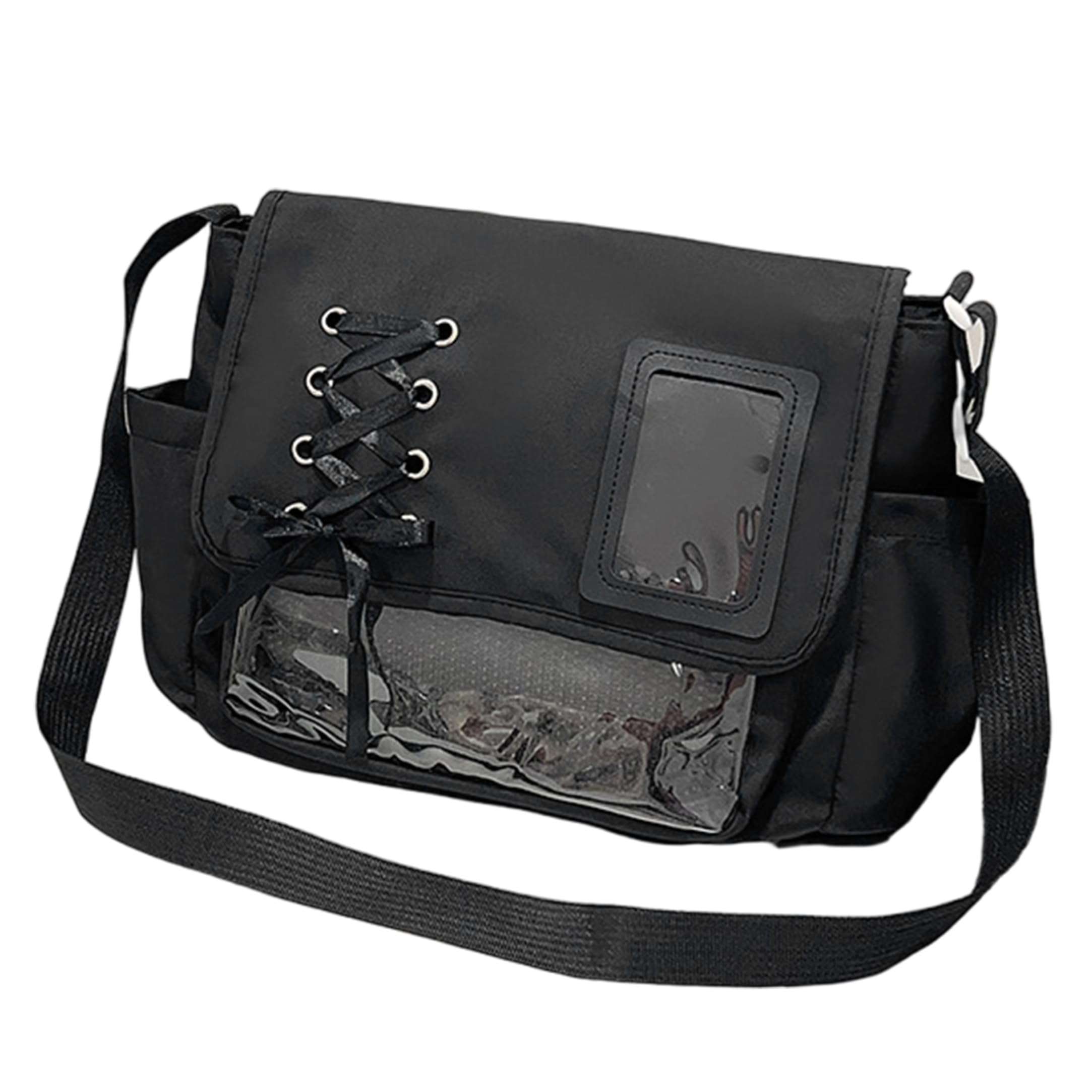 Whyzsjnclg Pin Bag, Ita Bag Crossbody, Kawaii Black Nylon Messenger for Women - Cute Japanese School Bags with Transparent Window for Daily & Casual Use, Cute Messenger