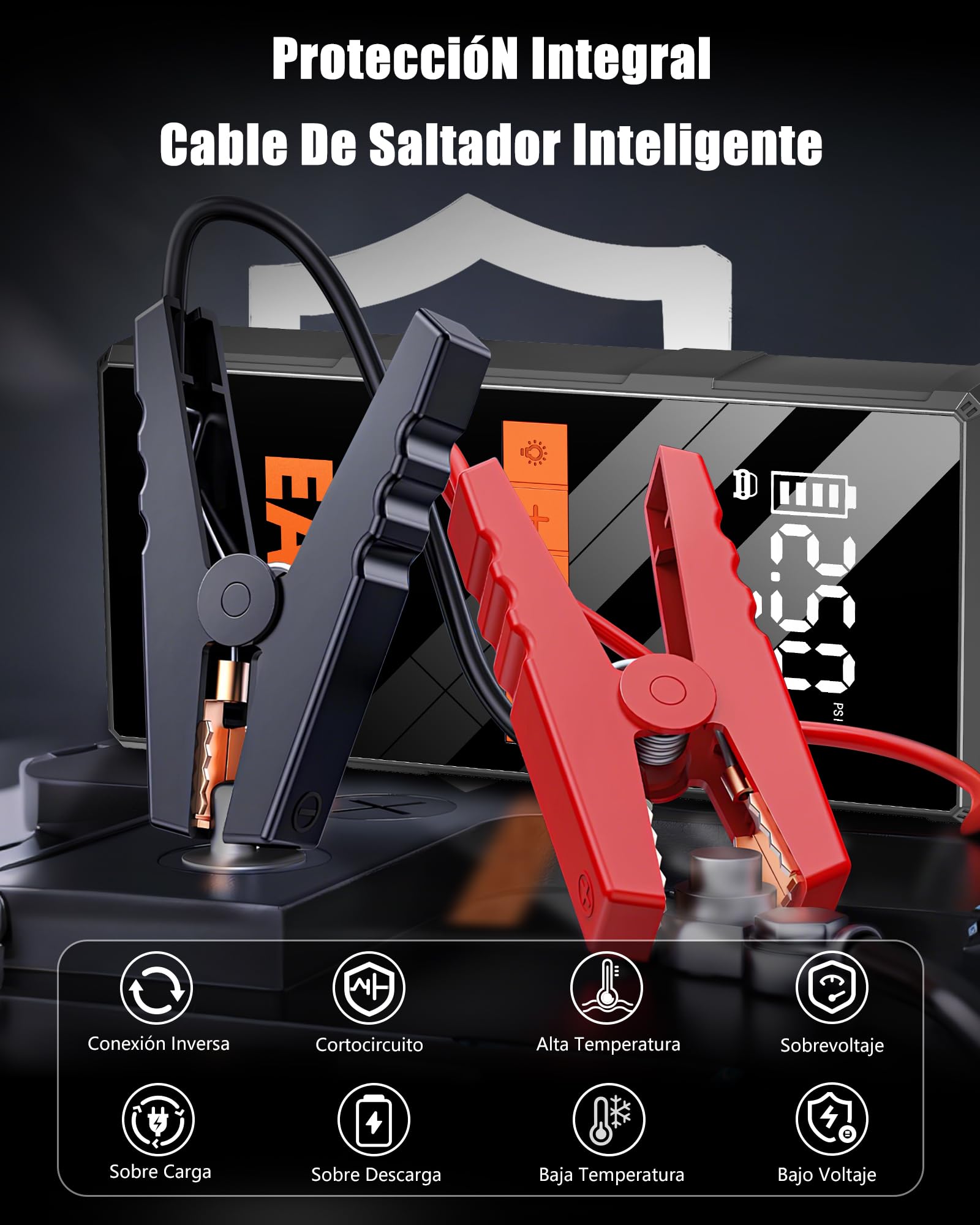4000A Arrancador de Baterias de Coche con Compresor 150 PSI, Arrancador de Coches Portatil 12V (hasta 10L Gasolina/5L Diesel), Arrancador Bateria Moto con Pantalla LED, LED, USB-C, Bolso de Mano