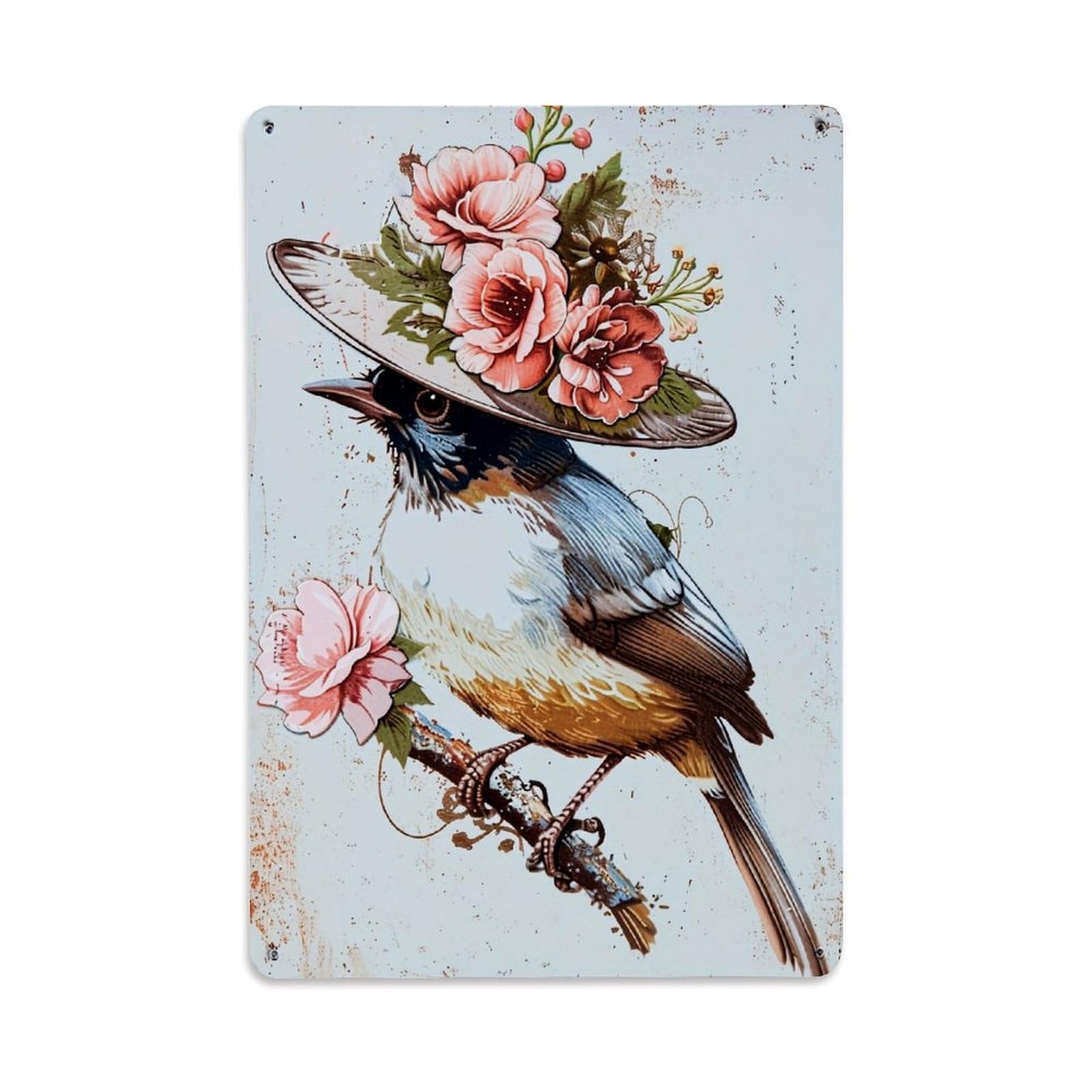 Bird With Floral Hat Perched Branch Retro Metal Tin Sign, Vintage Decor Art Poster for Bar, Home, Man Cave, Kitchen, Laundry Room Gift 8x12Inch