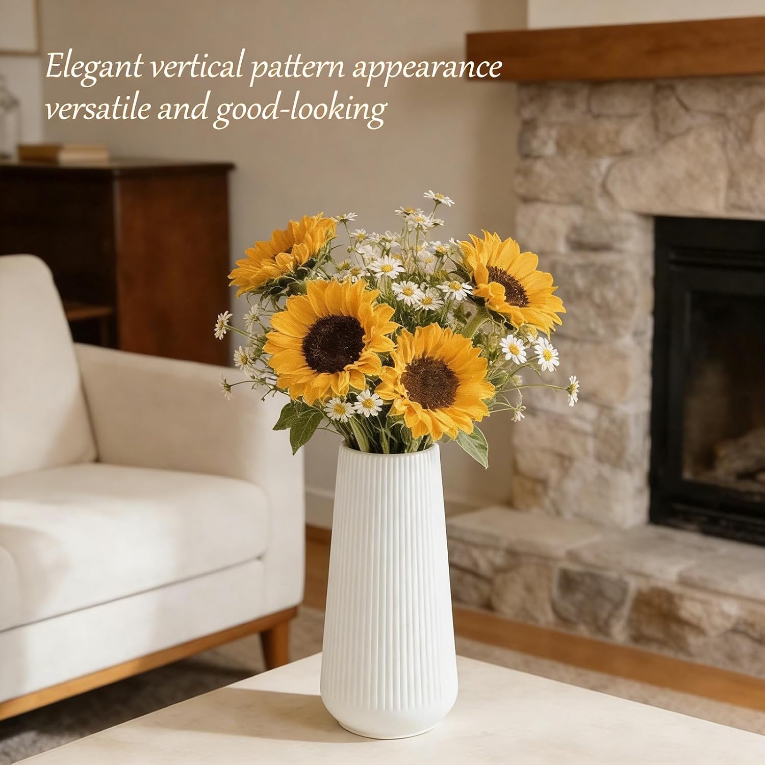 White Ceramic Vase for Pampas Grass, Modern Ribbed Matte Flower Vase, Minimalist Decorative Vase for Home Decor, Living Room, Bathroom, Shelf, Table Centerpiece (White)