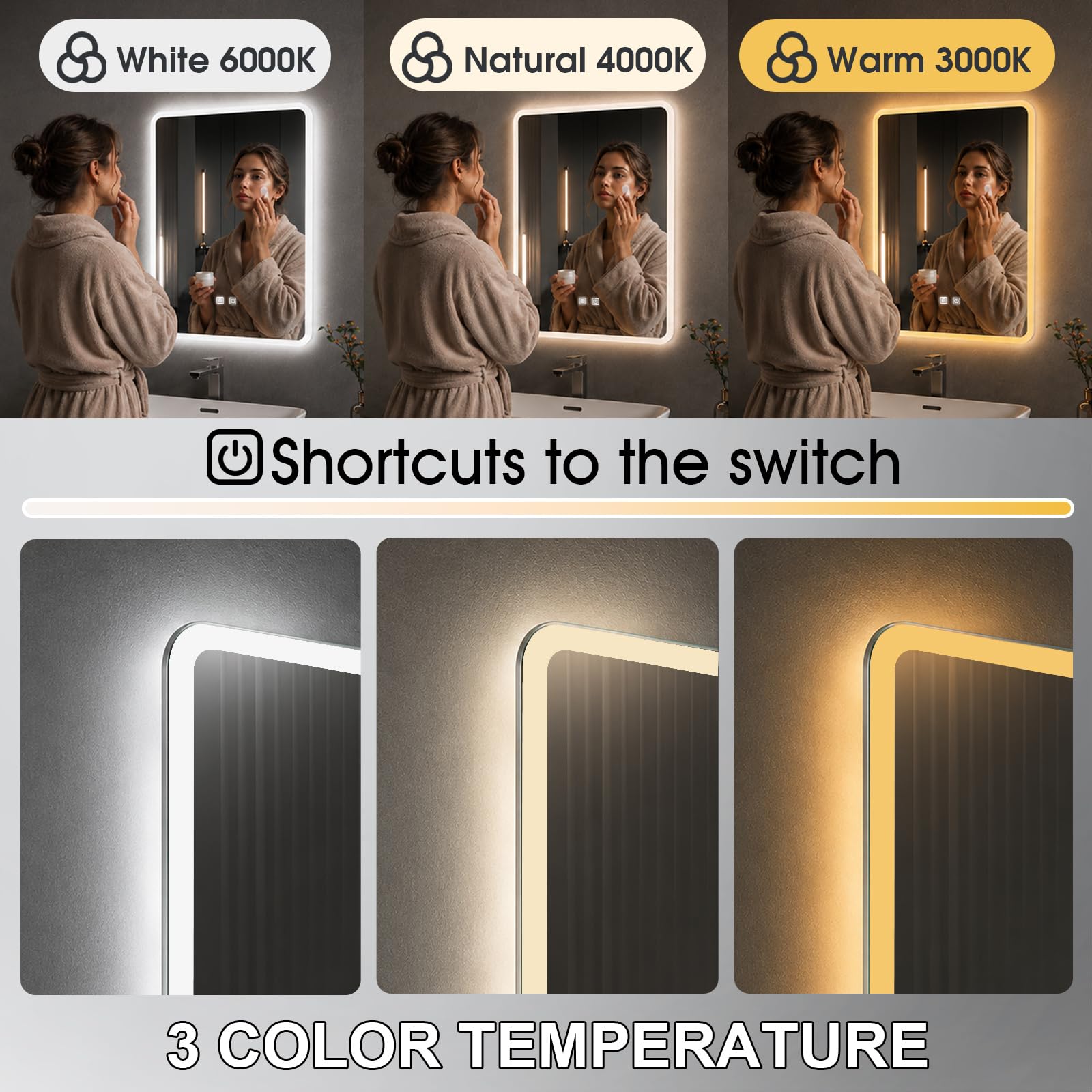 Espejo de baño con luces LED, espejo iluminado de 60x45cm para baño con función antivaho, luces regulables de 3 colores, retroiluminación, montado en la pared, resistente al agua, control