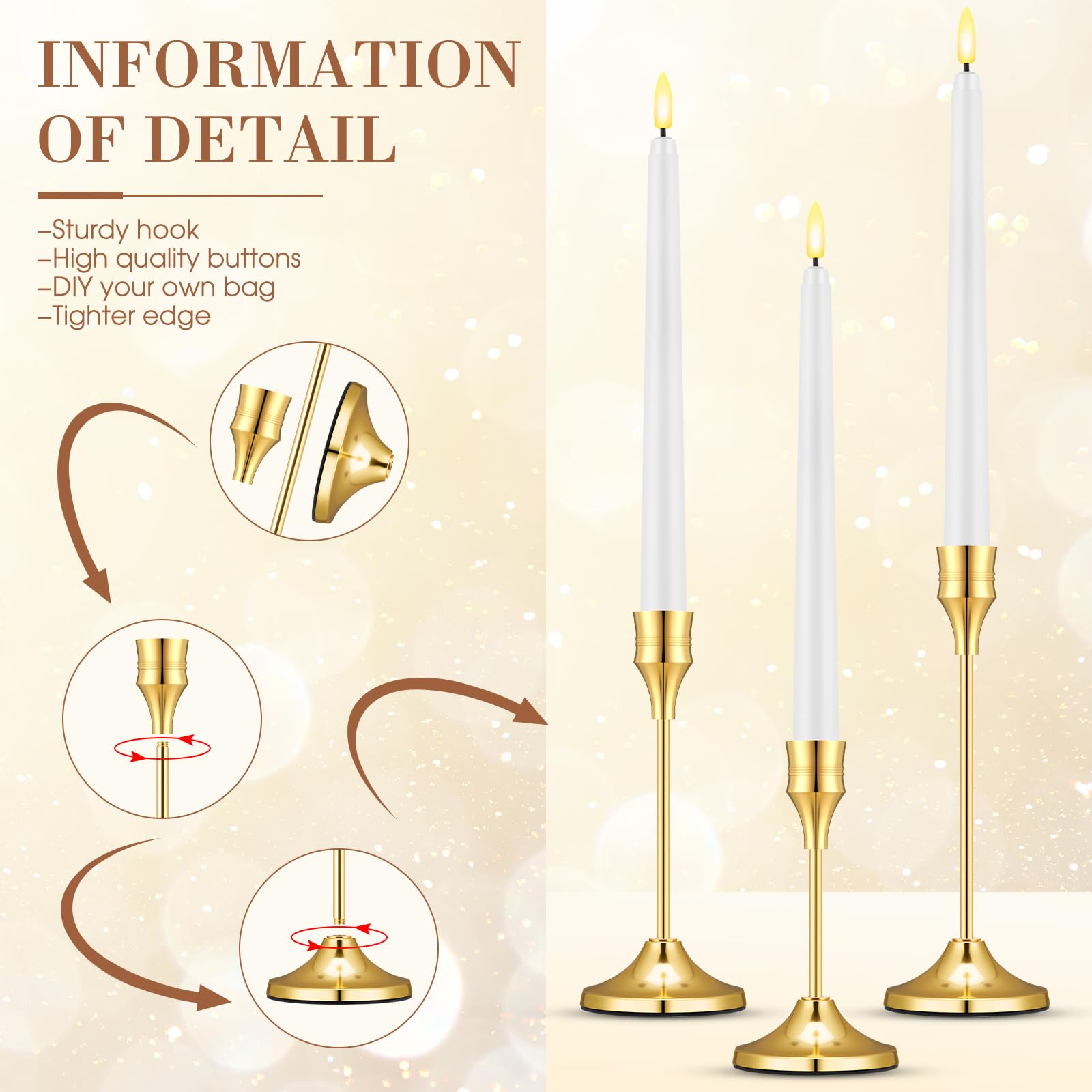 Glooglitter 30 velas LED cónicas sin llama con 30 portavelas dorados y 2 temporizadores, funciona con pilas, luz cónica parpadeante con portavelas de metal a granel para decoración de mesa de boda y