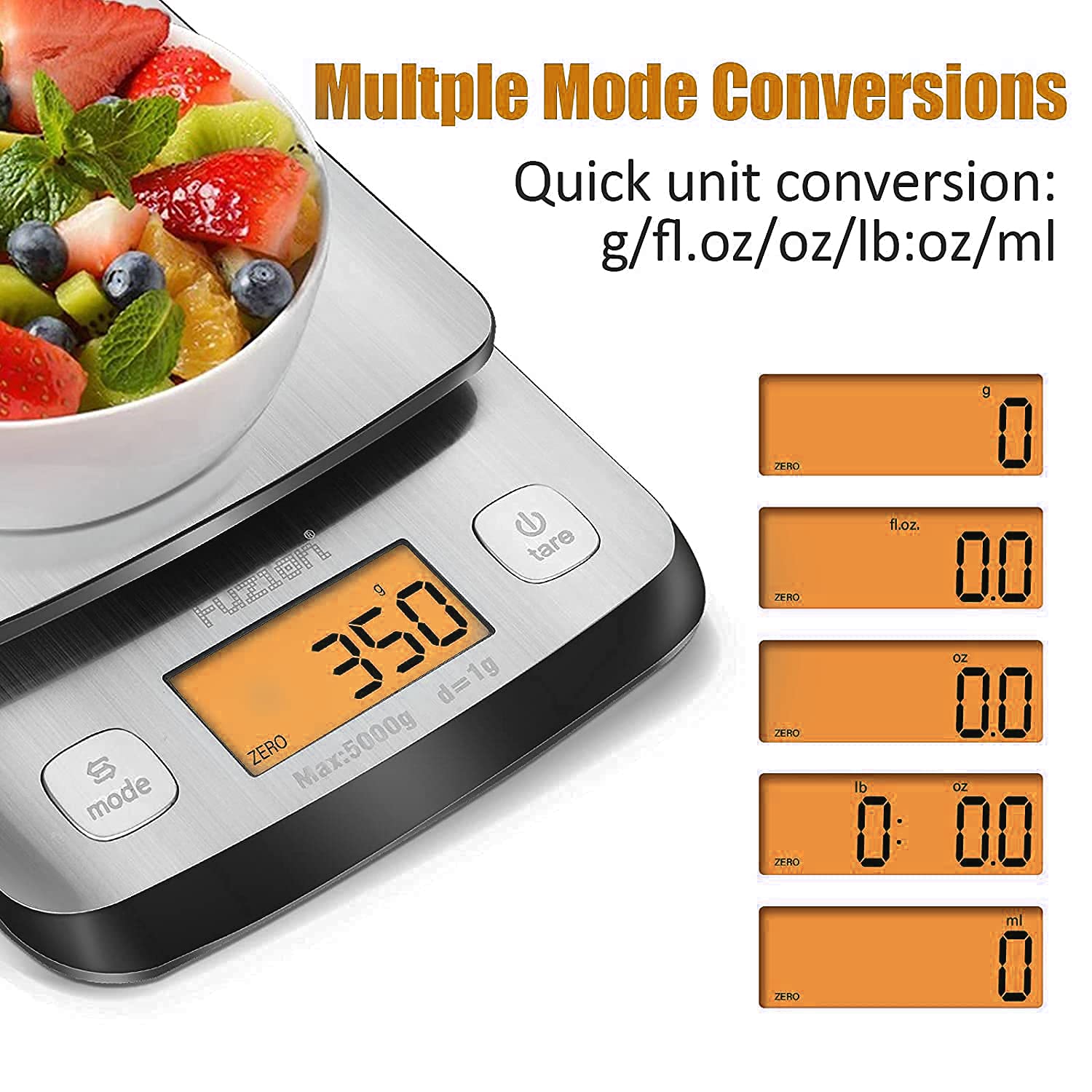 Fuzion Digital Kitchen Scale, 11lb Food Scales Digital Weight, Gram Scale LCD Display, Stainless Steel Baking Scale with Tare for Baking and Cooking, Batteries Included