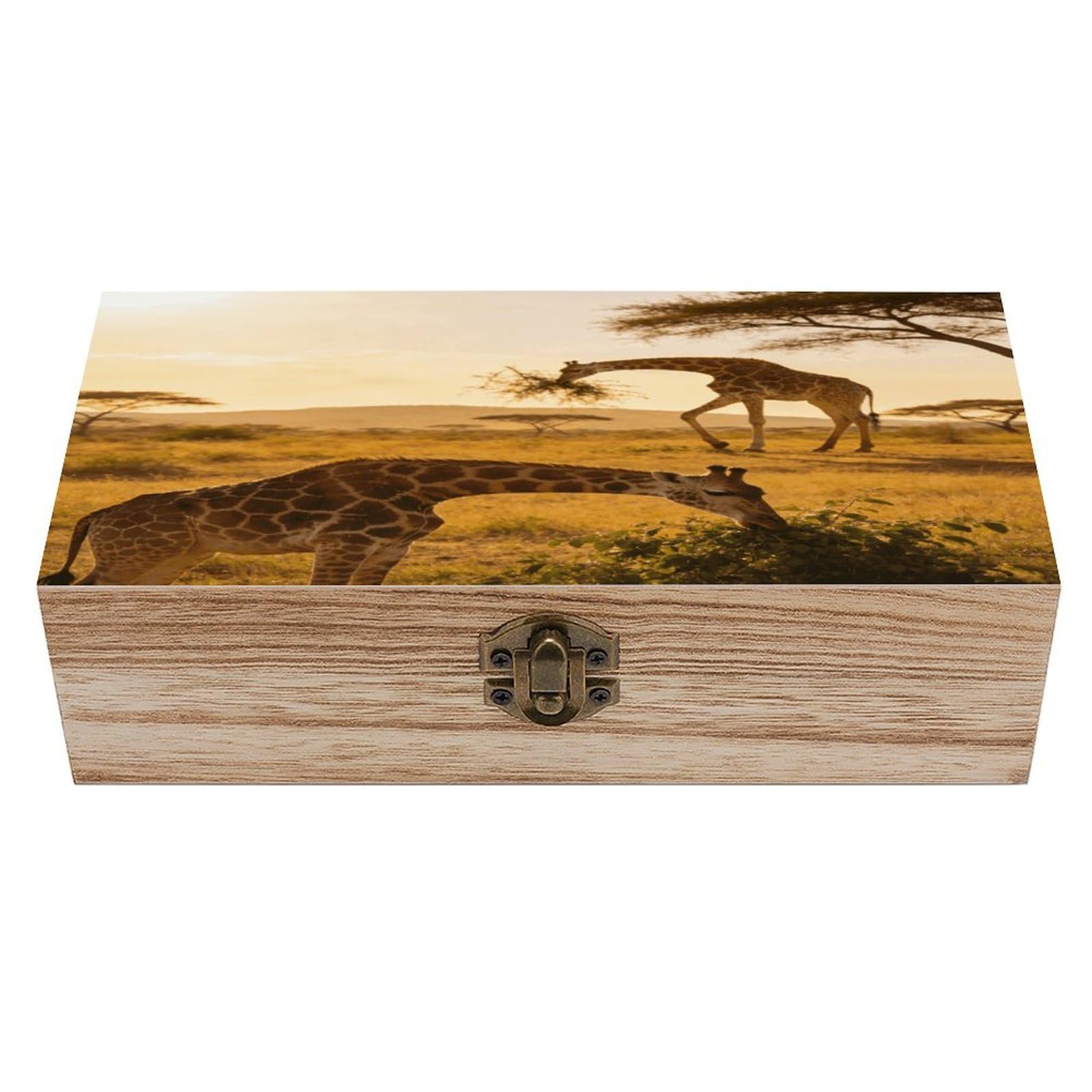 LZQPOEAS African Giraffes Wooden Keepsake Box Wooden Storage Box Container with Hinged Lid Beautiful Wood Memory Box Decorative Jewelry Case for Crafts Art Hobbies & Trinket Storage