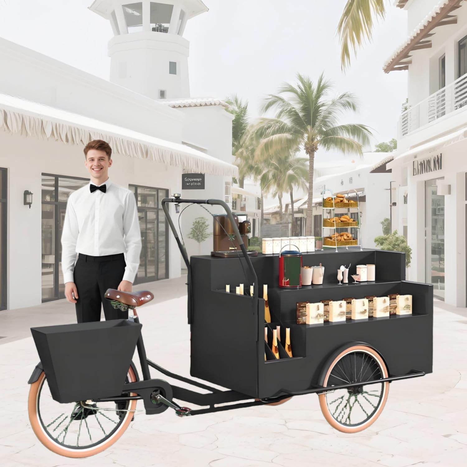 Triciclo para Venta de Comida, Carrito Grande para Comida, carritos de Hierro para Venta de Comida, Remolque Comercial para Flores, Juguetes, Bebidas, Desayuno,Negro