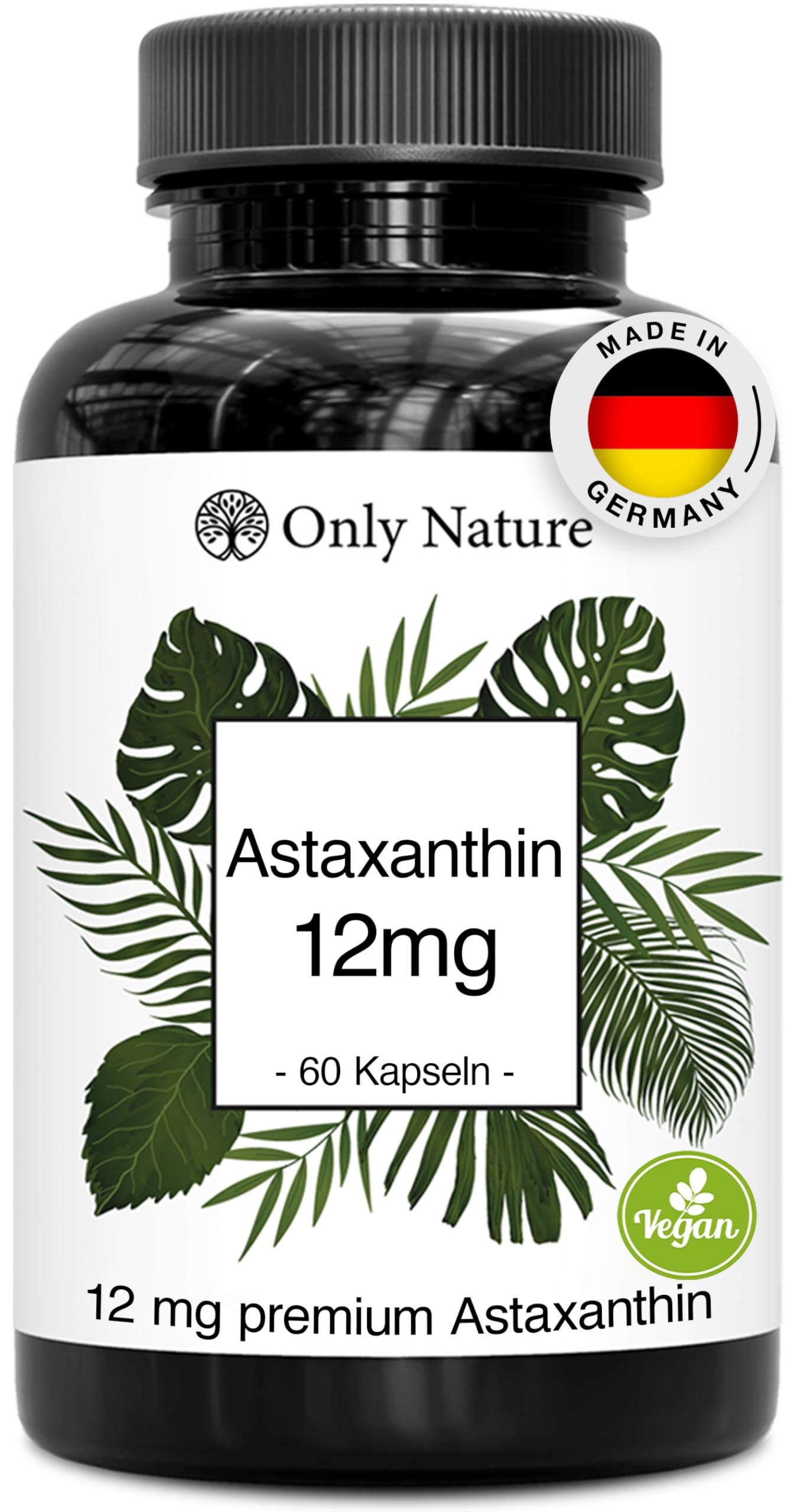 Only Nature® Astaxanthin 12 mg - 60 hochdosierte Kapseln - Made in Germany & Laborgeprüft - Natürlich & Ohne Zusätze