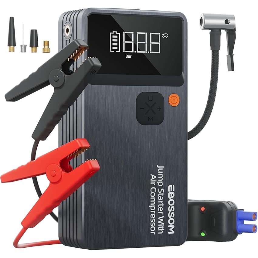 Booster Avviamento Auto,Avviatore per veicolo con Compressore Aria Portatile,8000mAh Avviatore Batteria Macchina,Jump Starter con LED Torcia,Ricarica USB-C,7in1 Kit di Viaggio e Attrezzi di Emergenza