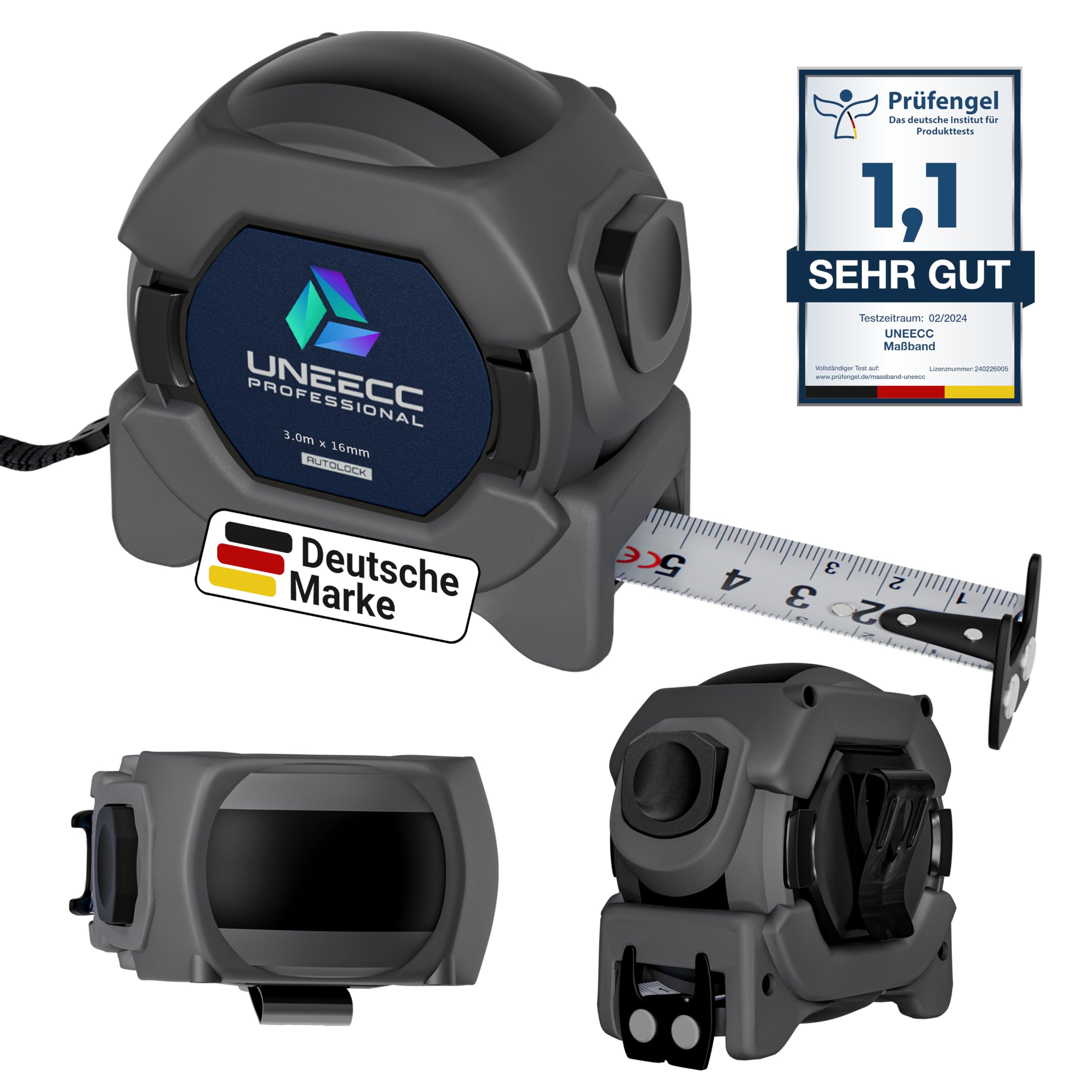 UNEECC Premium Maßband 3m | Auto Lock - Automatische Band Verriegelung | Bandmaß 3m | Magnethaken | Massband | Extrem Robust | Rollbandmaß