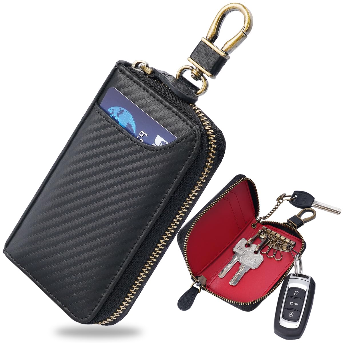 [Ａｅｍｉｃｉｏｎ] キーケース スマートキー 車キーケース メンズ キーホルダー カードキーケース 本革 レザー カーボンレザー ６連 ファスナー カード入れ 免許証 小銭 札入れ付き 多機能 大容量 コンパクト プレゼント