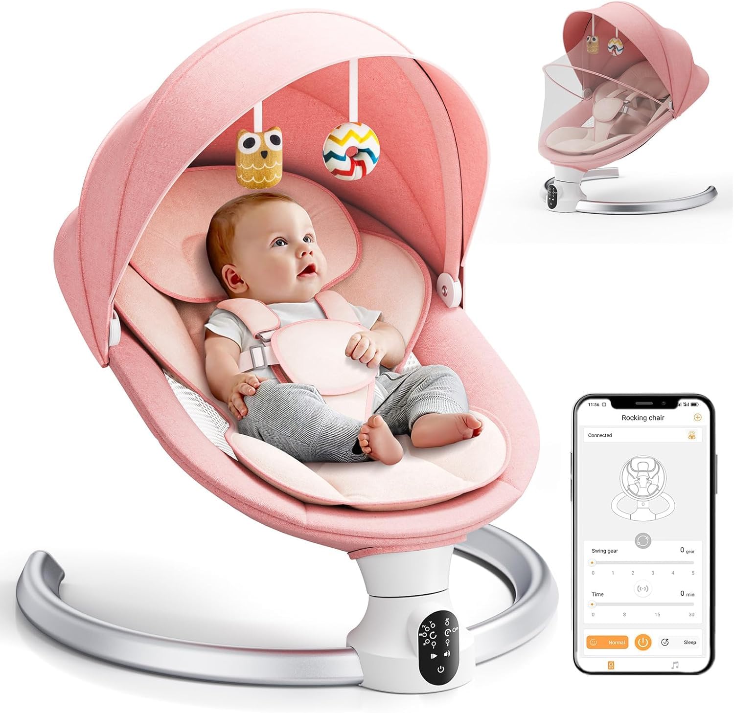 Columpio para bebés, balancín eléctrico con aplicación y mando a distancia, arnés de 5 puntos mejorado, 10 canciones Bluetooth y 5 velocidades, soporta 9 kg