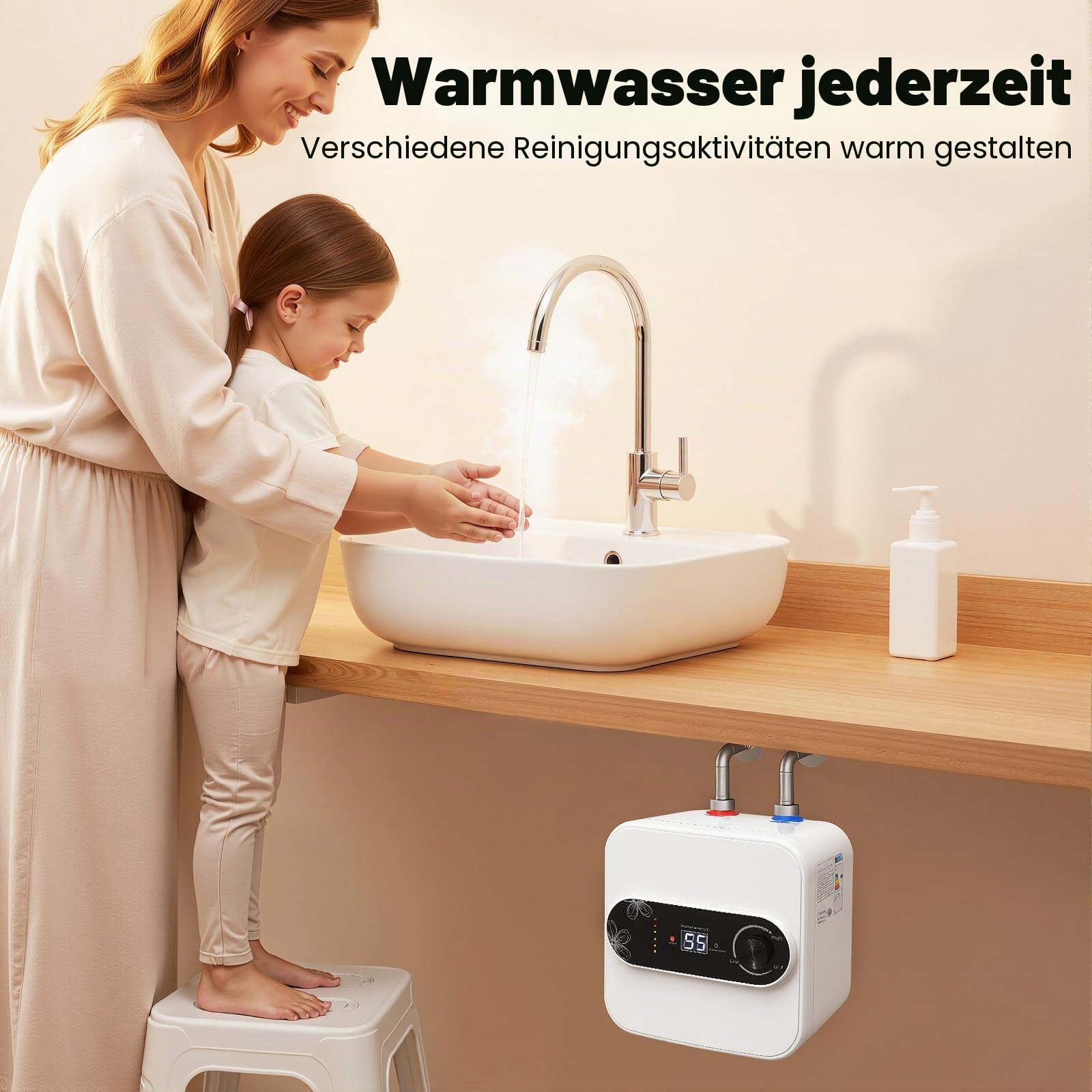 Warmwasserspeicher & 8L Klein Untertisch Boiler Druckfest - Untertischboiler | 1500W | 30-65℃ Einstellbarer Temperatur | Wandmontiert | Schnelle Erwärmung | Für Küche & Bad